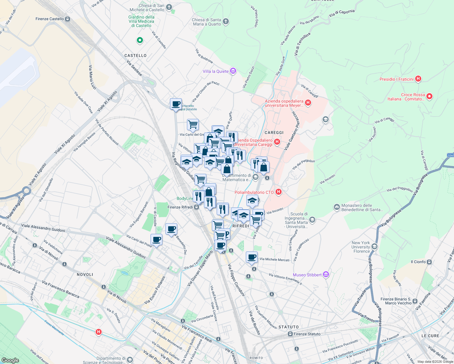 map of restaurants, bars, coffee shops, grocery stores, and more near Via delle Panche in Firenze