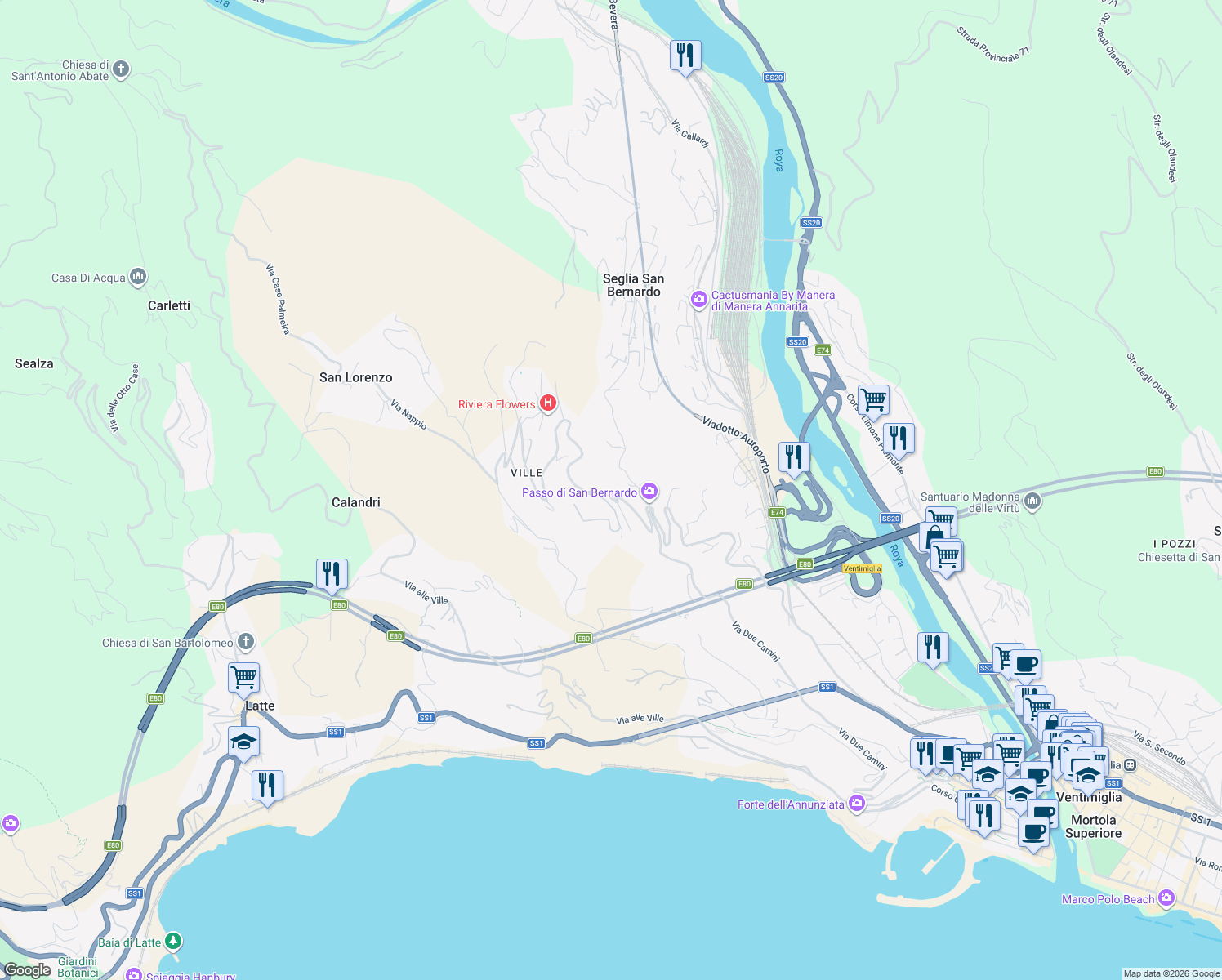 map of restaurants, bars, coffee shops, grocery stores, and more near 82 Via Sant'Anna in Ventimiglia