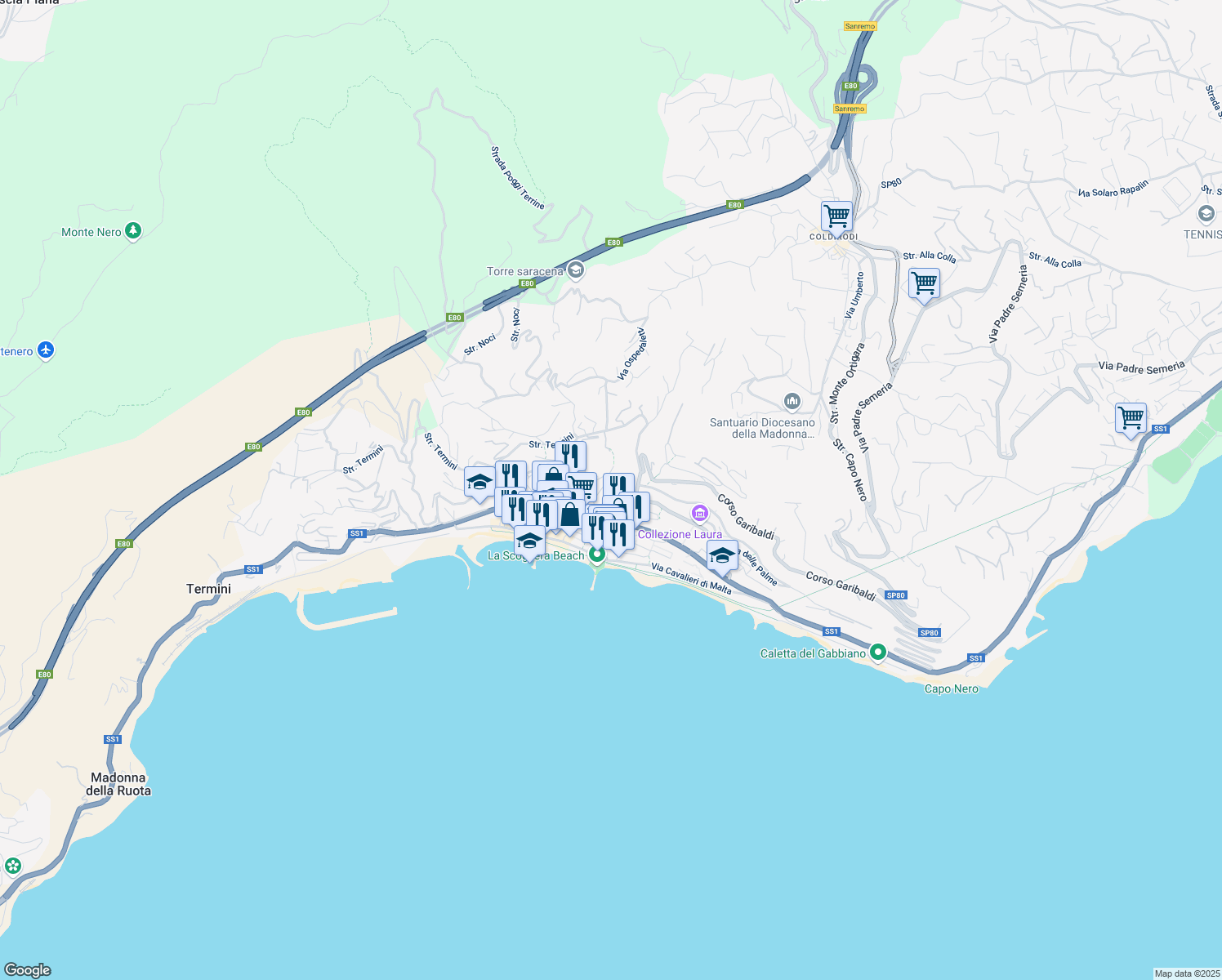map of restaurants, bars, coffee shops, grocery stores, and more near 20 Via della Noria in Ospedaletti
