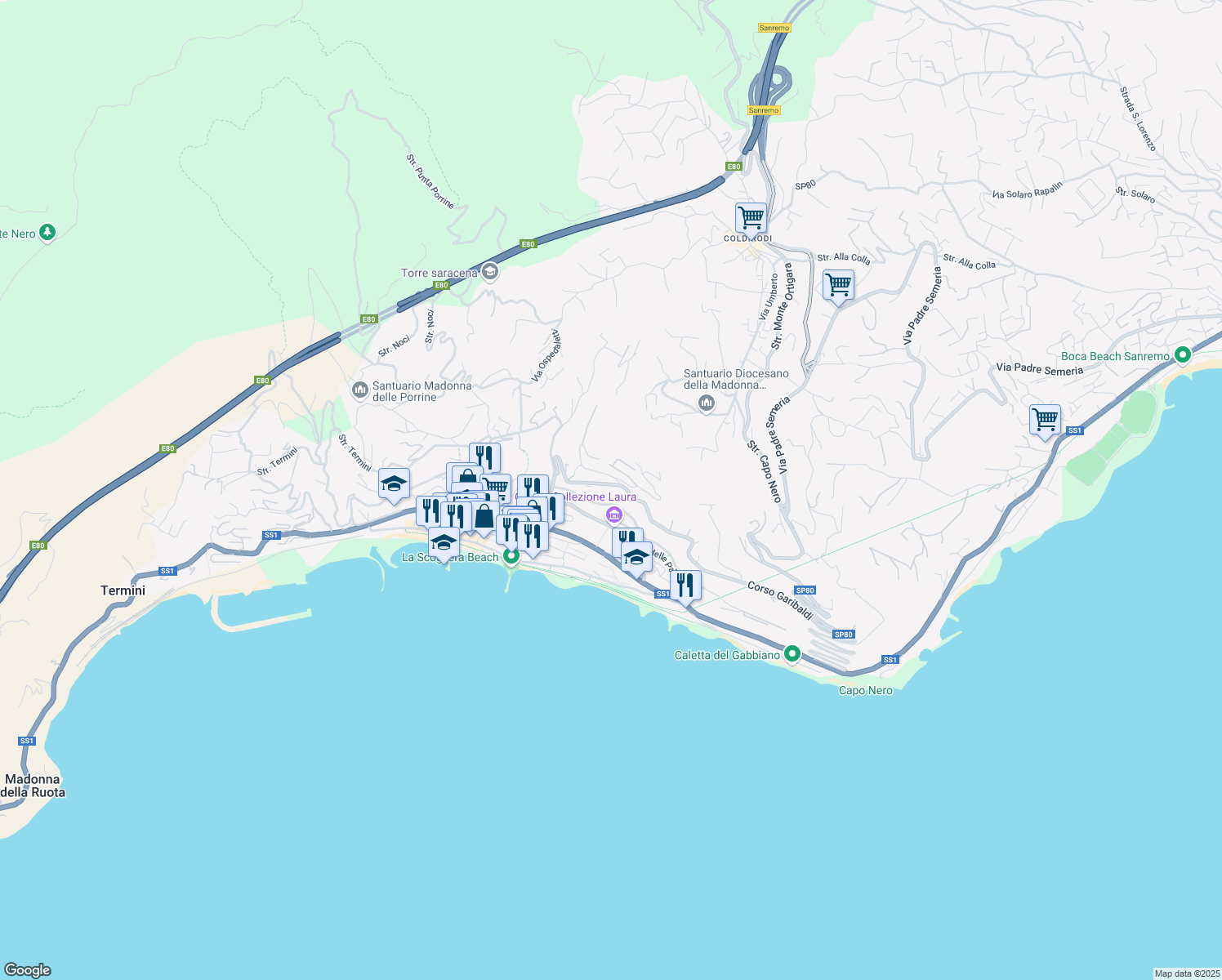 map of restaurants, bars, coffee shops, grocery stores, and more near 20 Corso Garibaldi in Ospedaletti