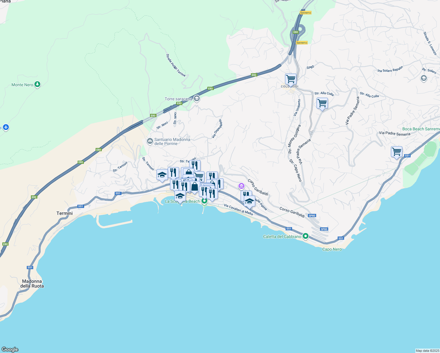 map of restaurants, bars, coffee shops, grocery stores, and more near 58 Via Camillo Benso Conte di Cavour in Ospedaletti
