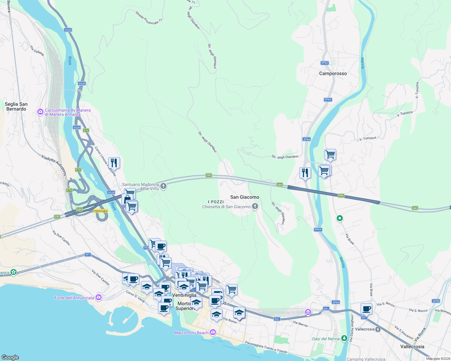 map of restaurants, bars, coffee shops, grocery stores, and more near 61 Via Montefontane in San Giacomo