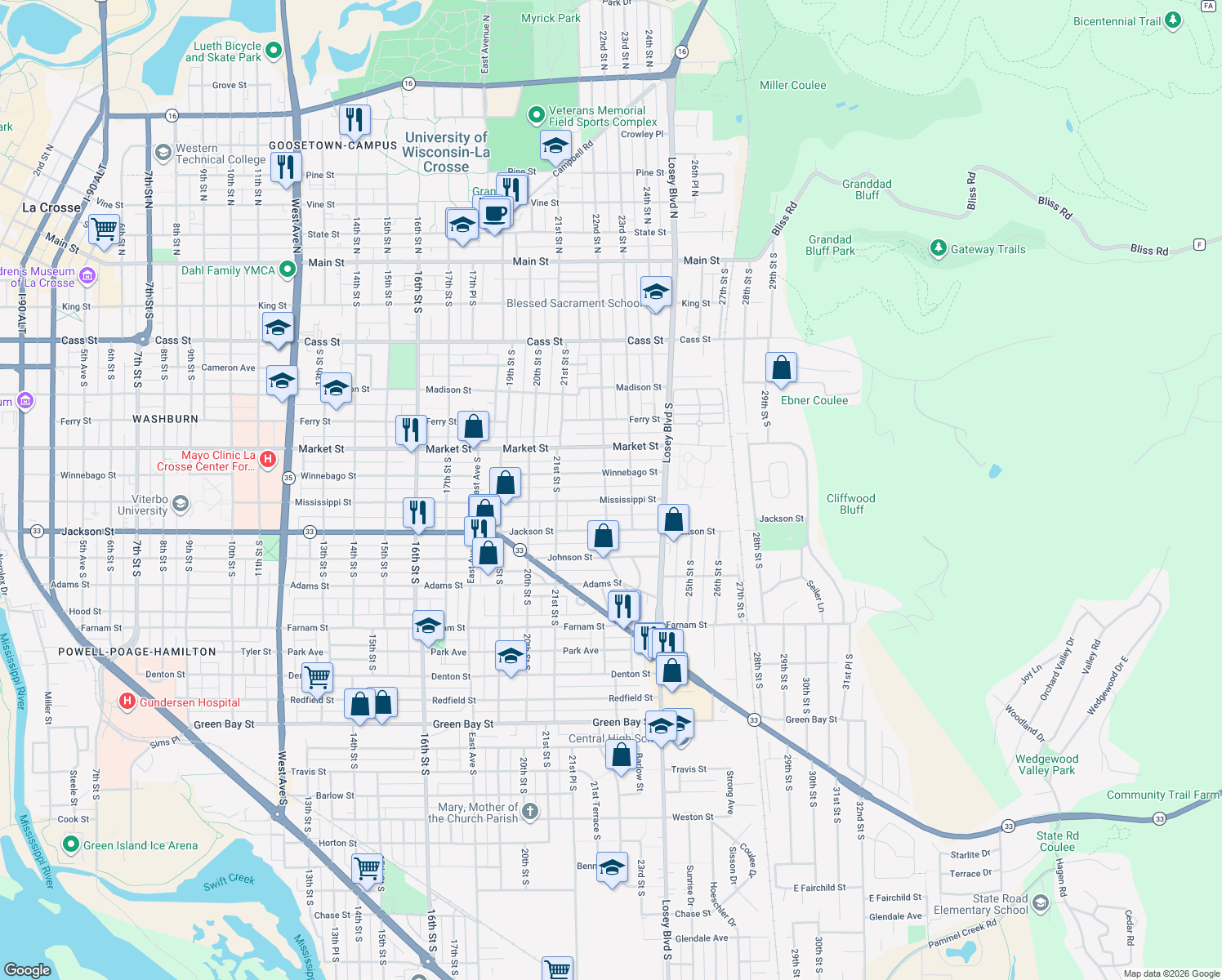 map of restaurants, bars, coffee shops, grocery stores, and more near 719 22nd Street South in La Crosse