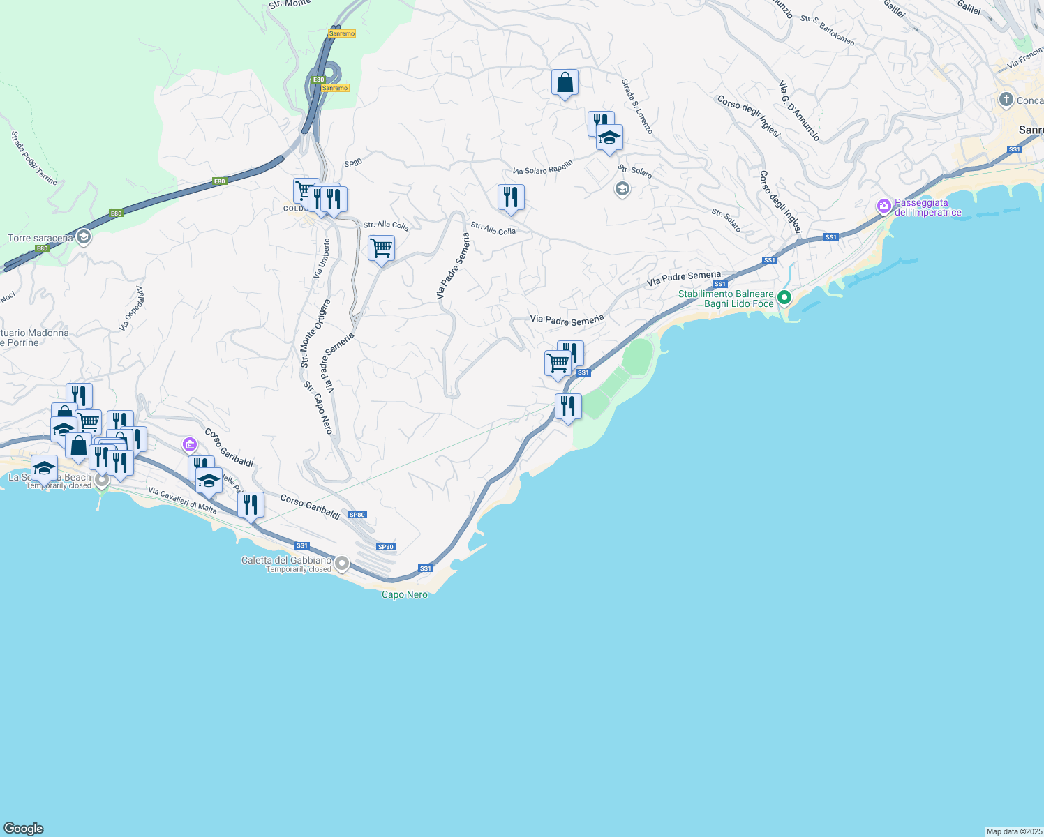 map of restaurants, bars, coffee shops, grocery stores, and more near 23 Strada Bonmoschetto in Sanremo