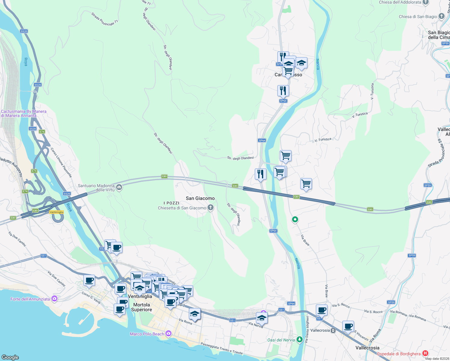 map of restaurants, bars, coffee shops, grocery stores, and more near 85 Strada degli Olandesi in Provincia di Imperia