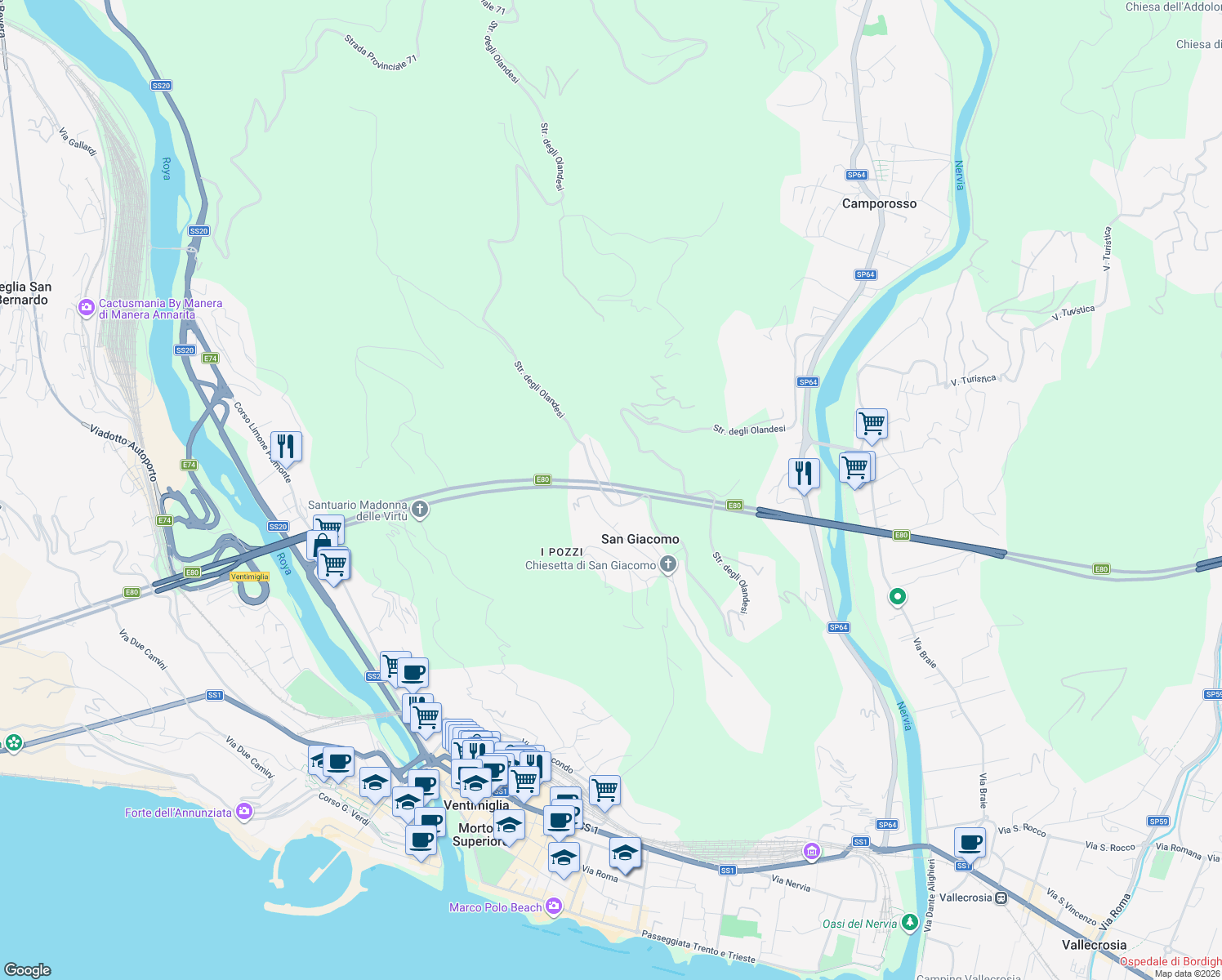 map of restaurants, bars, coffee shops, grocery stores, and more near 61 Via Montefontane in San Giacomo
