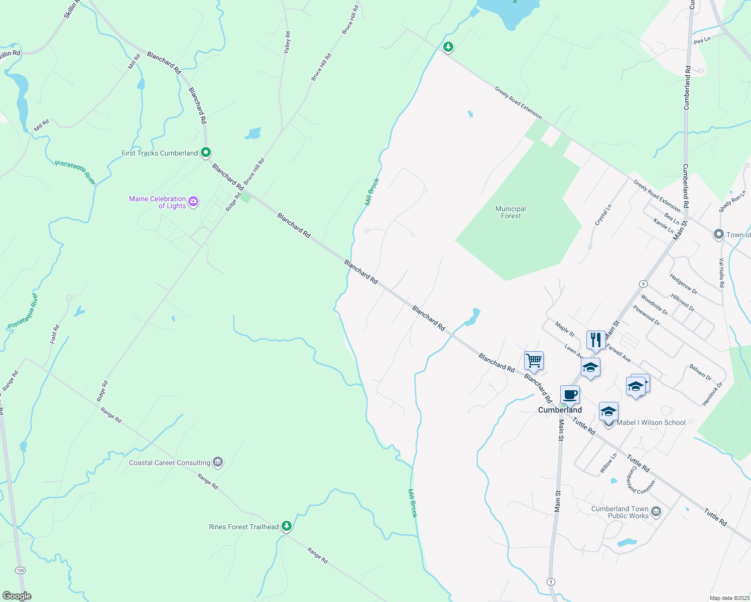 map of restaurants, bars, coffee shops, grocery stores, and more near 14 Partridge Dr in Cumberland