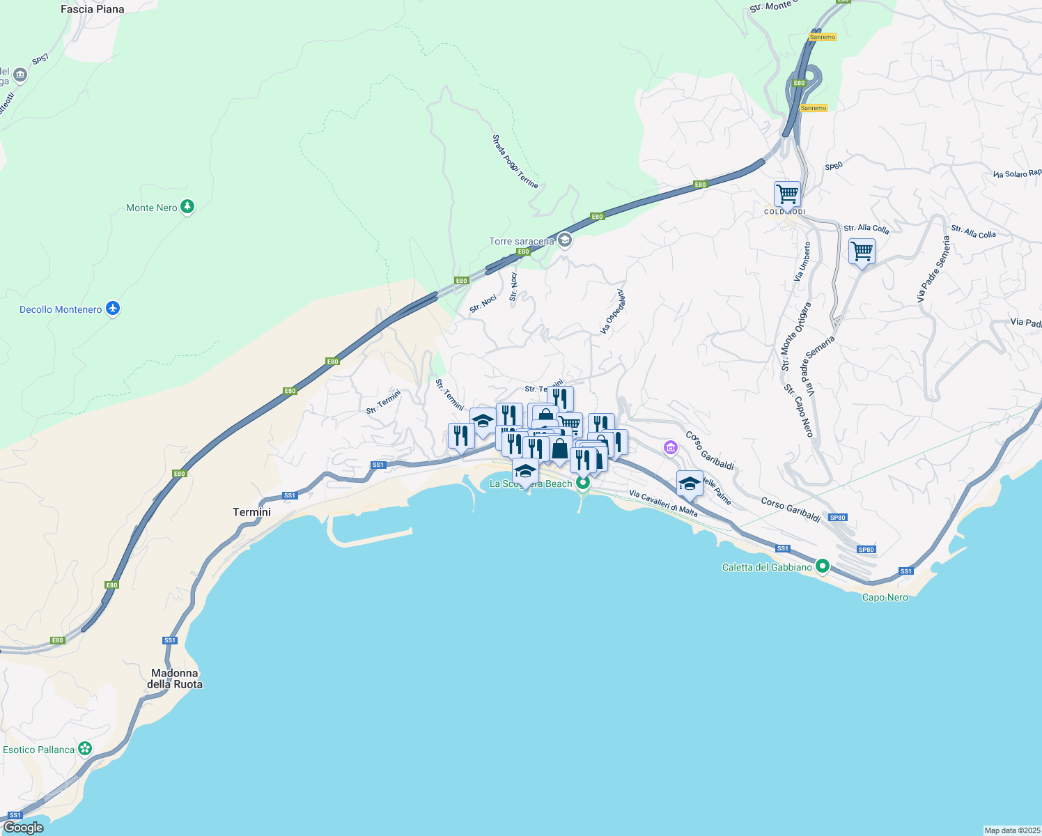 map of restaurants, bars, coffee shops, grocery stores, and more near 46 Corso Marconi in Ospedaletti