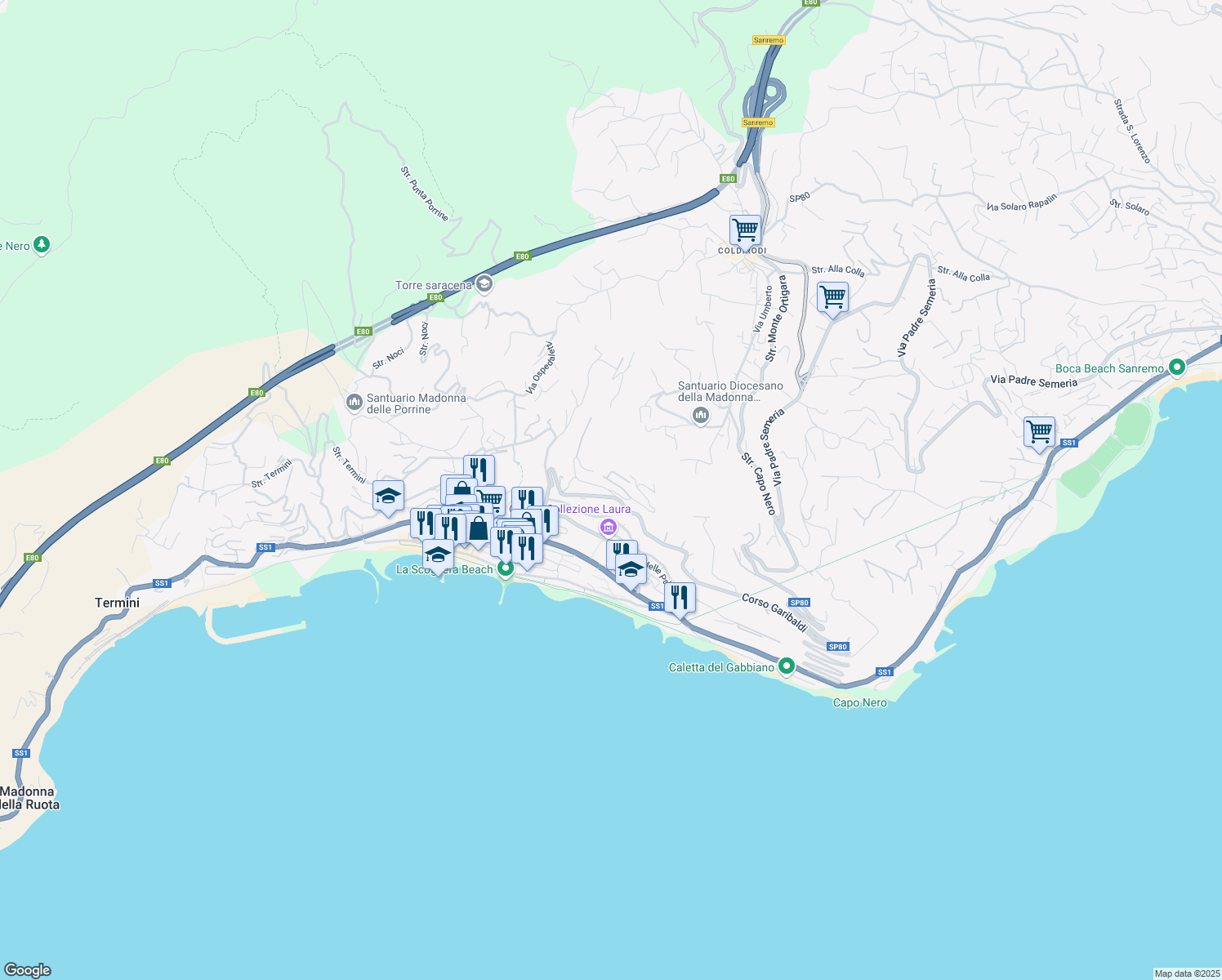 map of restaurants, bars, coffee shops, grocery stores, and more near 20 Corso Garibaldi in Ospedaletti