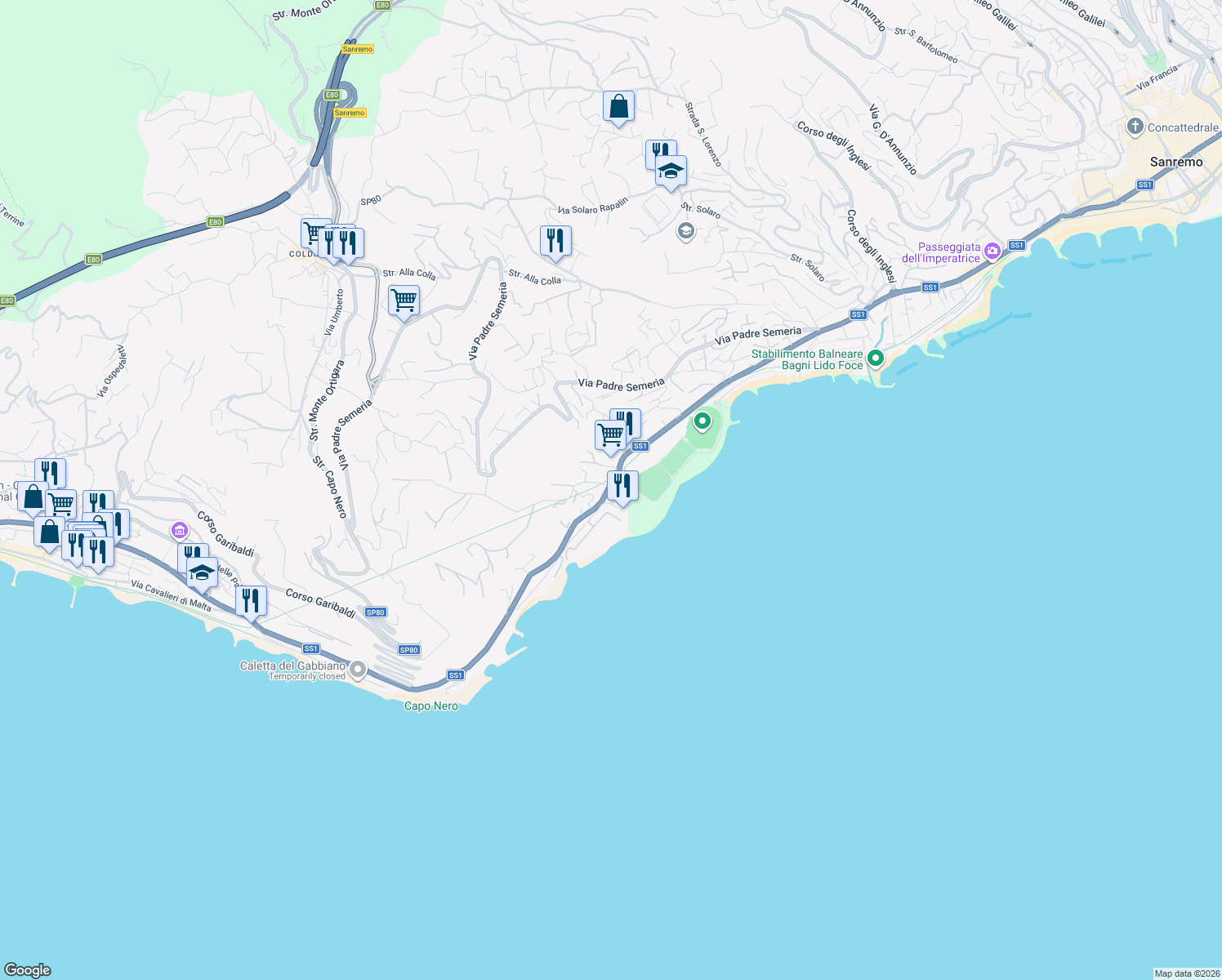 map of restaurants, bars, coffee shops, grocery stores, and more near 19 Corso Guglielmo Marconi in Sanremo