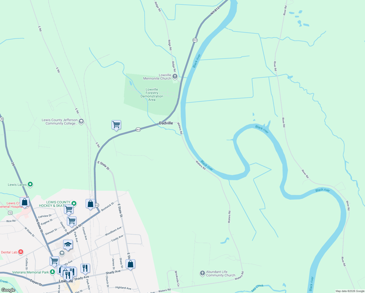 map of restaurants, bars, coffee shops, grocery stores, and more near 5923 Waters Rd in Lowville