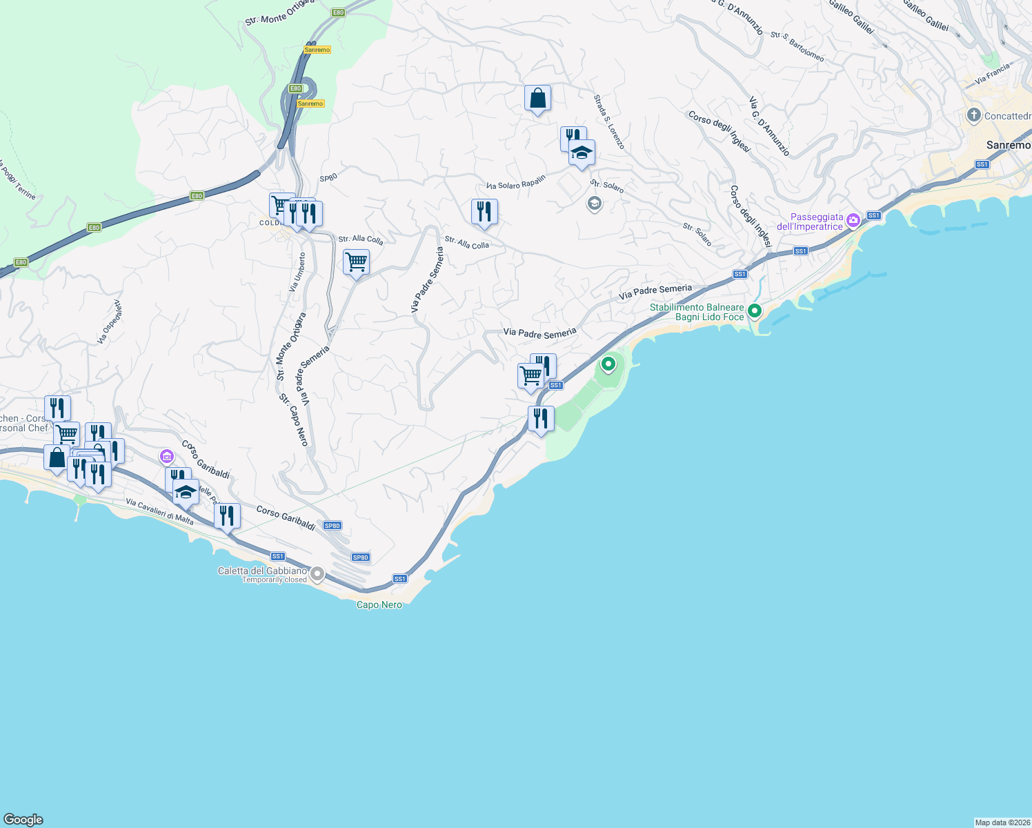 map of restaurants, bars, coffee shops, grocery stores, and more near 168 Corso Guglielmo Marconi in Sanremo