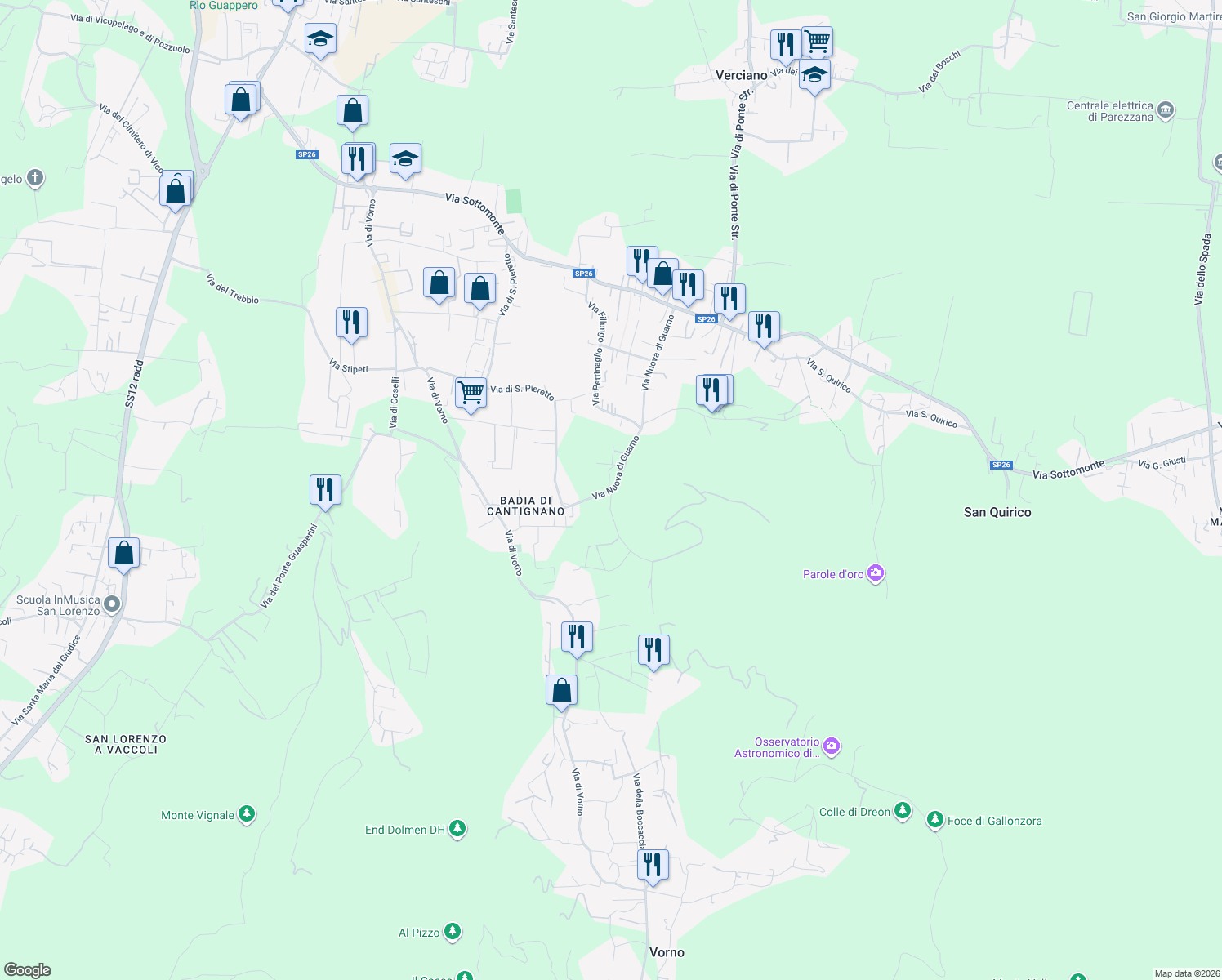 map of restaurants, bars, coffee shops, grocery stores, and more near 35A Via Nuova di Guamo in Capannori