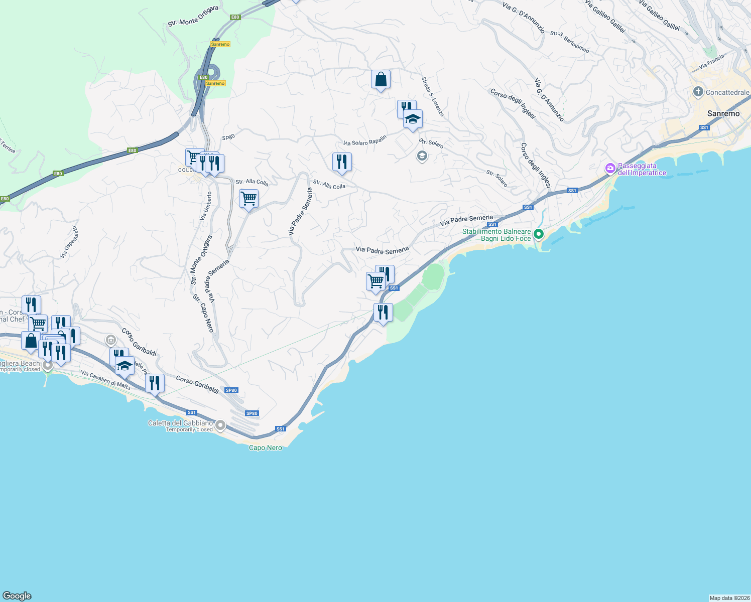 map of restaurants, bars, coffee shops, grocery stores, and more near 168 Corso Guglielmo Marconi in Sanremo