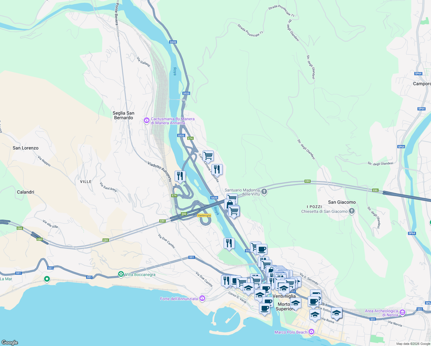 map of restaurants, bars, coffee shops, grocery stores, and more near 86A Corso Limone Piemonte in Ventimiglia