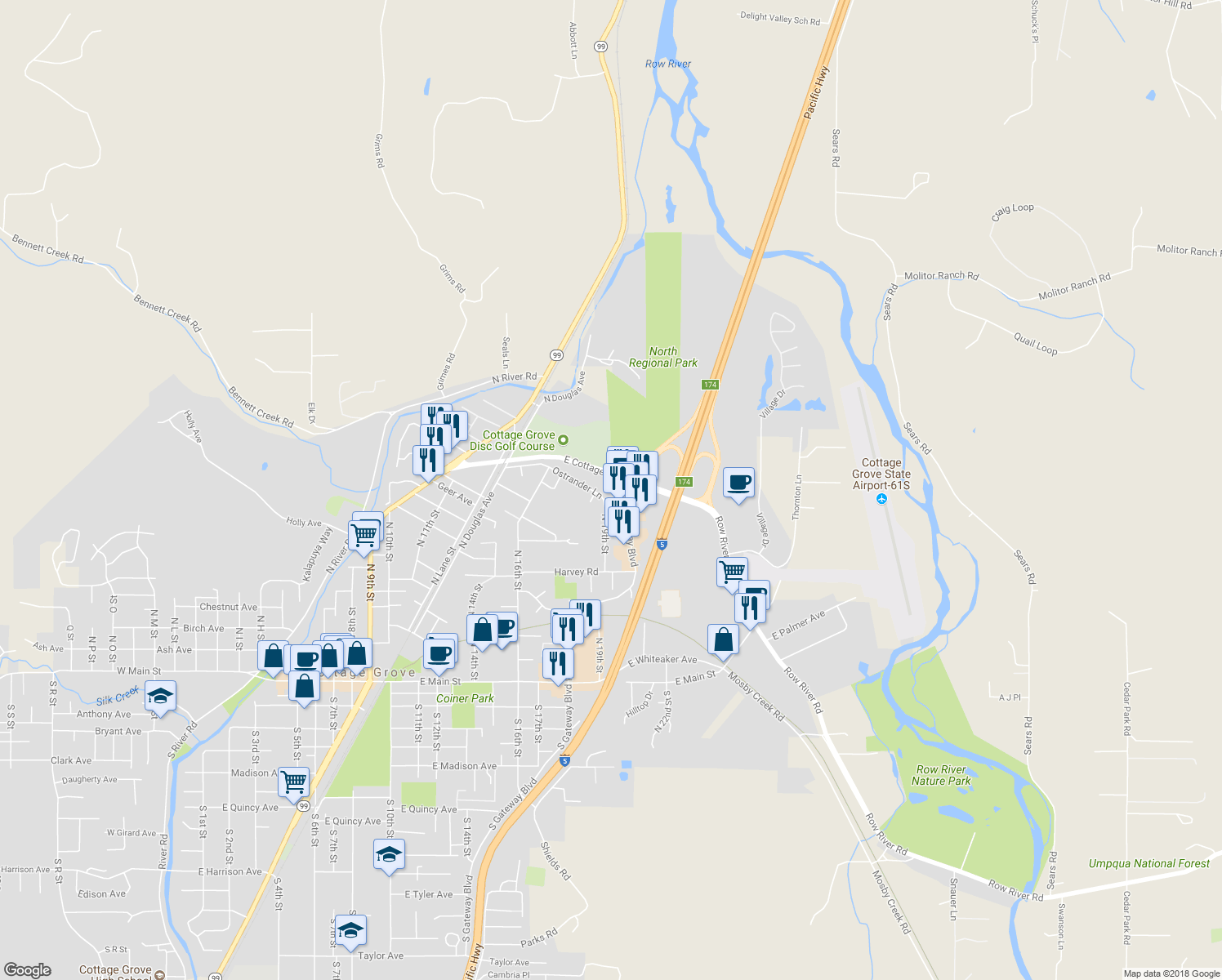 map of restaurants, bars, coffee shops, grocery stores, and more near 1601 Gateway Blvd in Cottage Grove