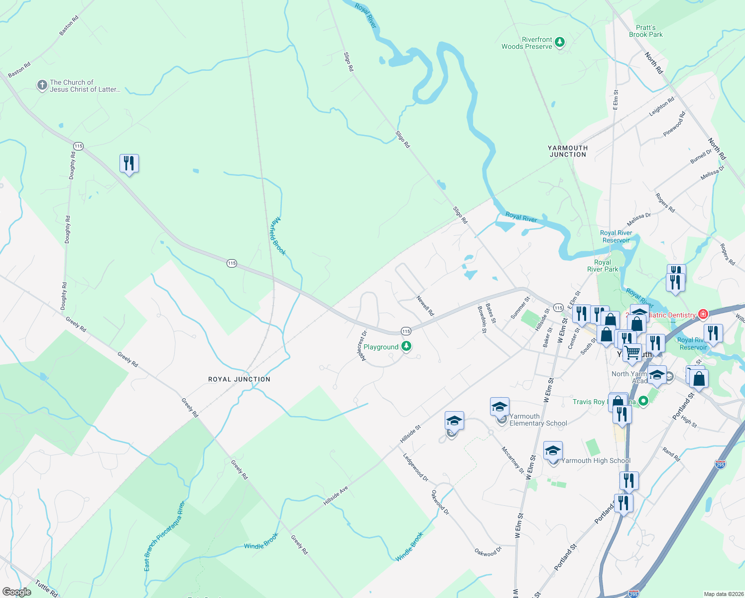 map of restaurants, bars, coffee shops, grocery stores, and more near 60 Rainbow Farm Road in Yarmouth