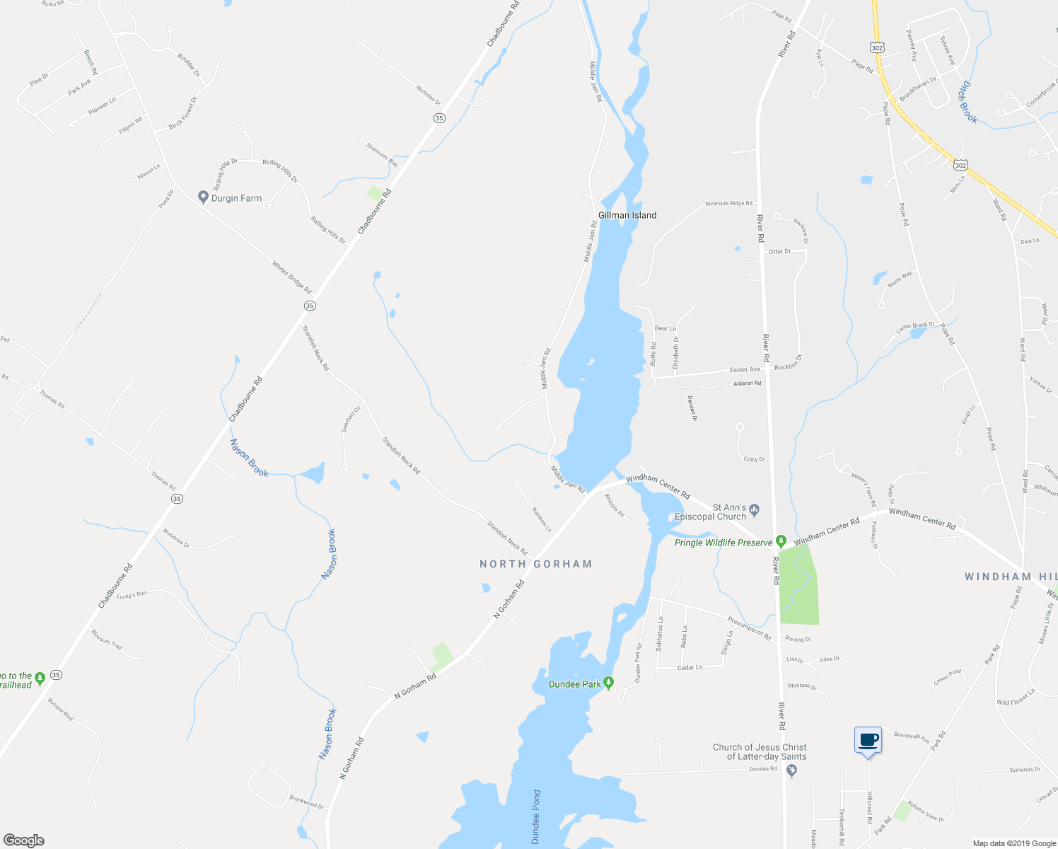 map of restaurants, bars, coffee shops, grocery stores, and more near 36 Canal Road in Gorham