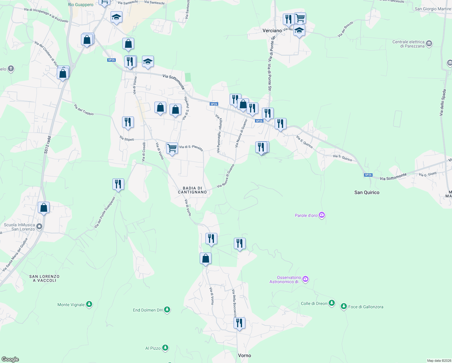 map of restaurants, bars, coffee shops, grocery stores, and more near 35A Via Nuova di Guamo in Capannori