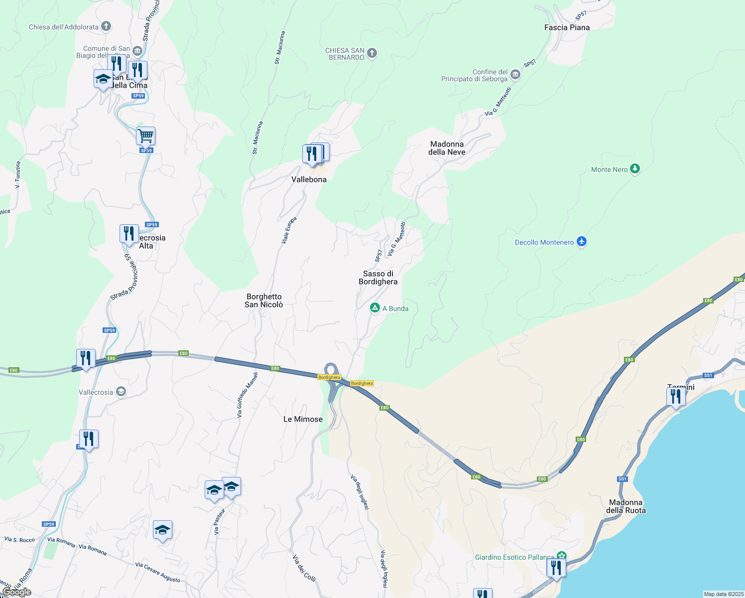 map of restaurants, bars, coffee shops, grocery stores, and more near 125 Via Generale Vincenzo Rossi in Sasso di Bordighera