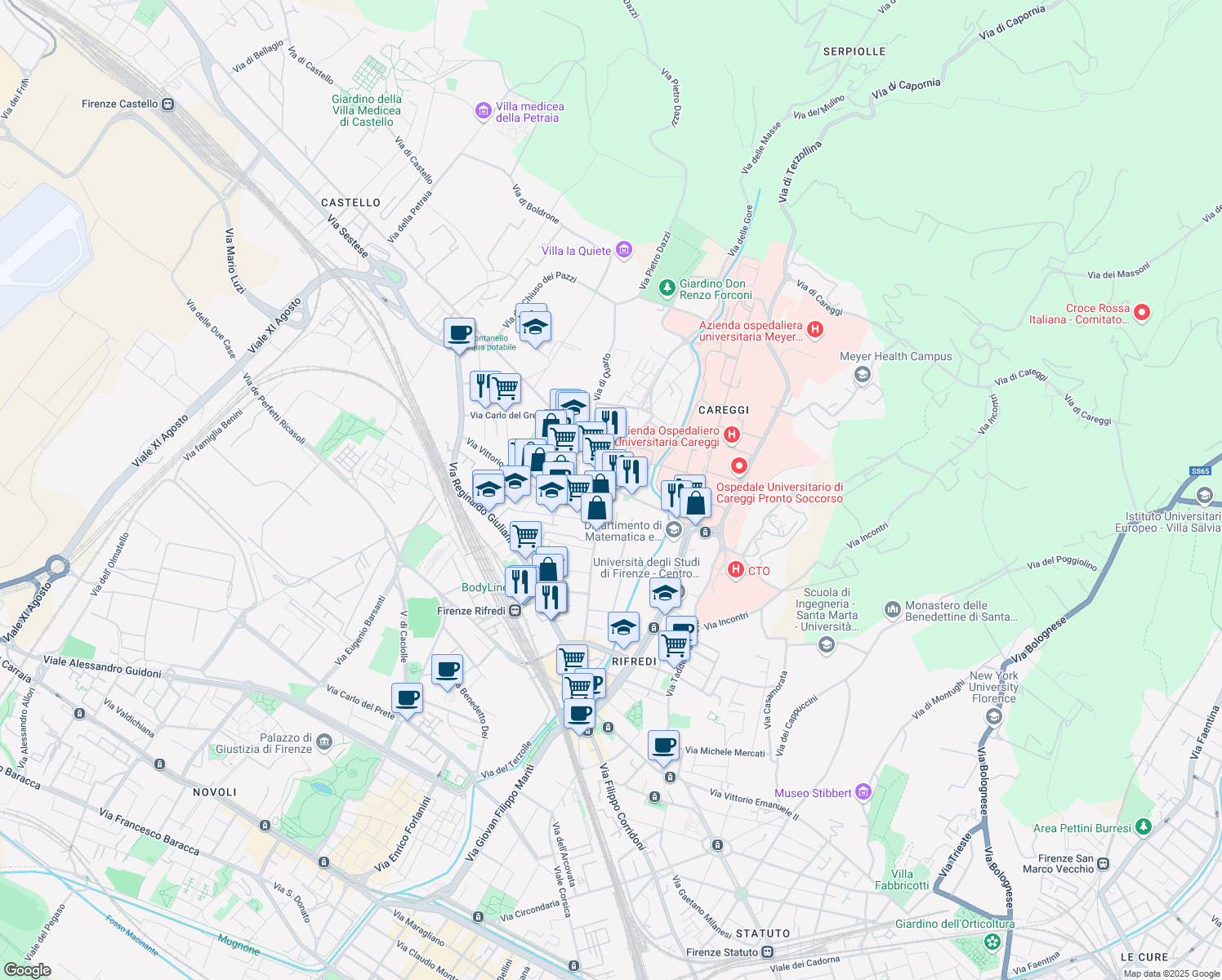 map of restaurants, bars, coffee shops, grocery stores, and more near 21 Via Giulio Caccini in Florence