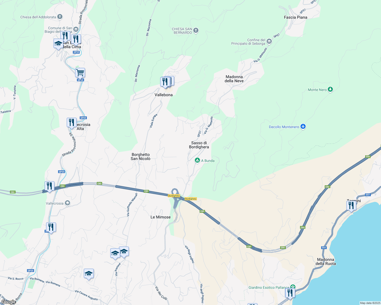 map of restaurants, bars, coffee shops, grocery stores, and more near 125 Via Generale Vincenzo Rossi in Sasso di Bordighera