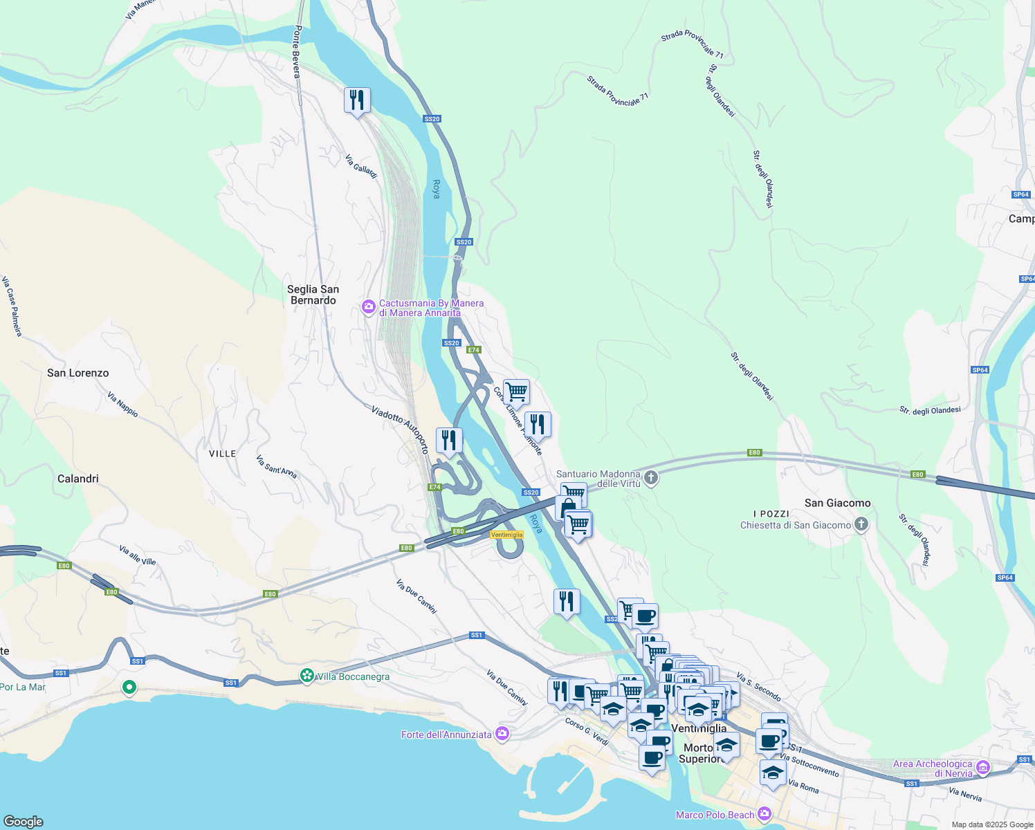 map of restaurants, bars, coffee shops, grocery stores, and more near 116 Corso Limone Piemonte in Ventimiglia