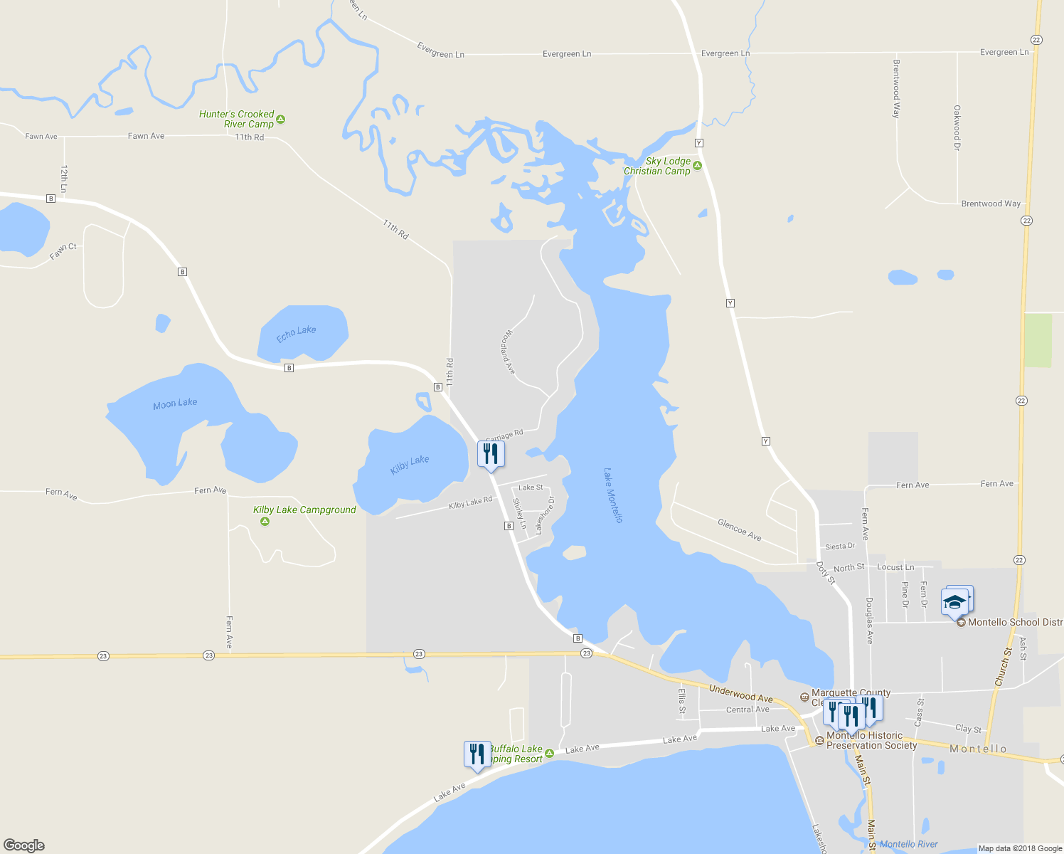 map of restaurants, bars, coffee shops, grocery stores, and more near 173 Carriage Road in Montello