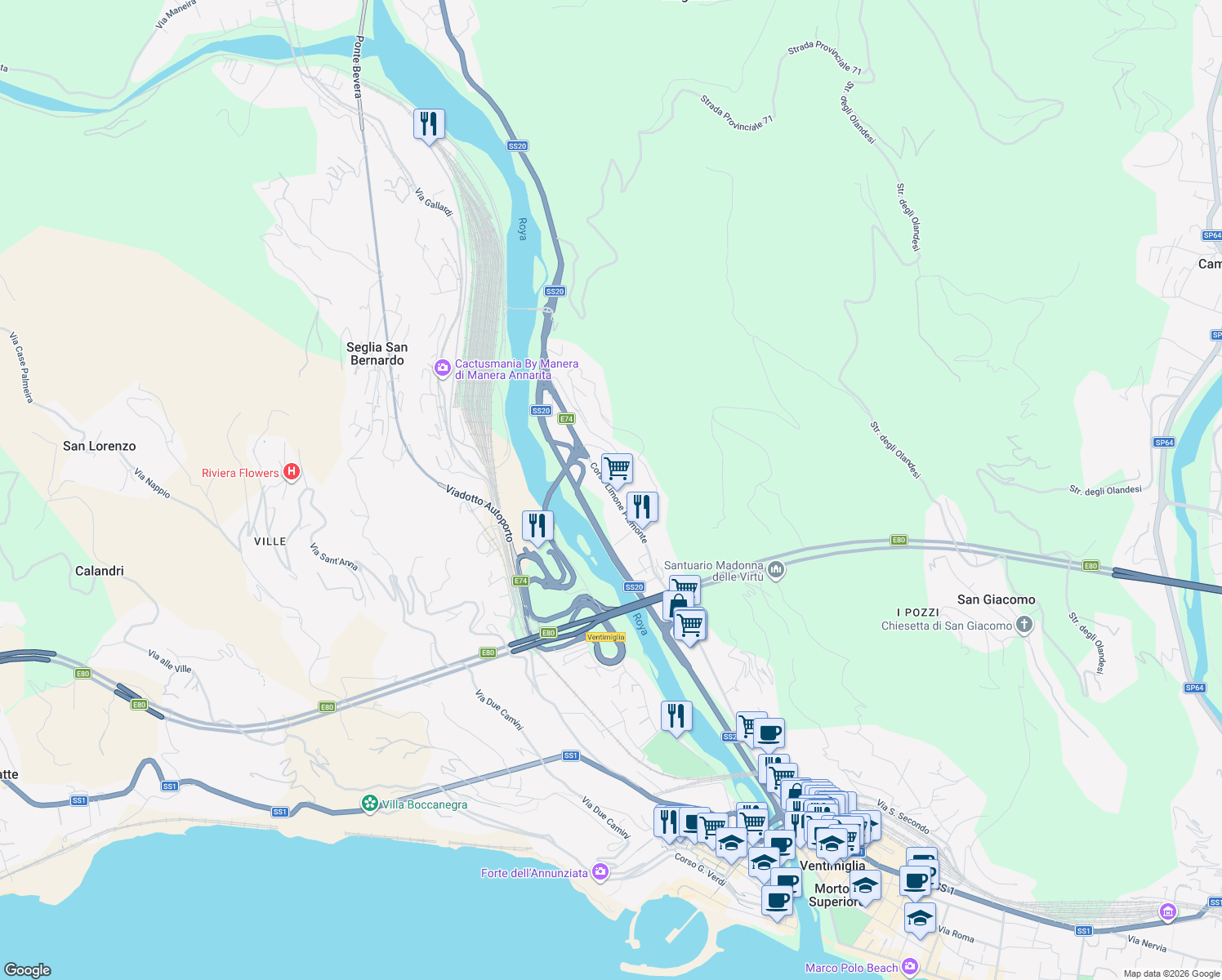 map of restaurants, bars, coffee shops, grocery stores, and more near 116 Corso Limone Piemonte in Ventimiglia
