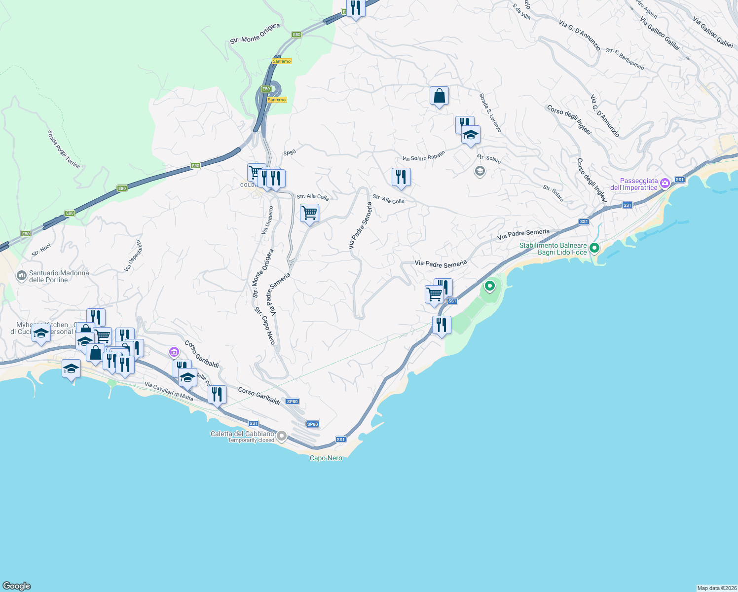 map of restaurants, bars, coffee shops, grocery stores, and more near 245 Via Padre Semeria in Sanremo
