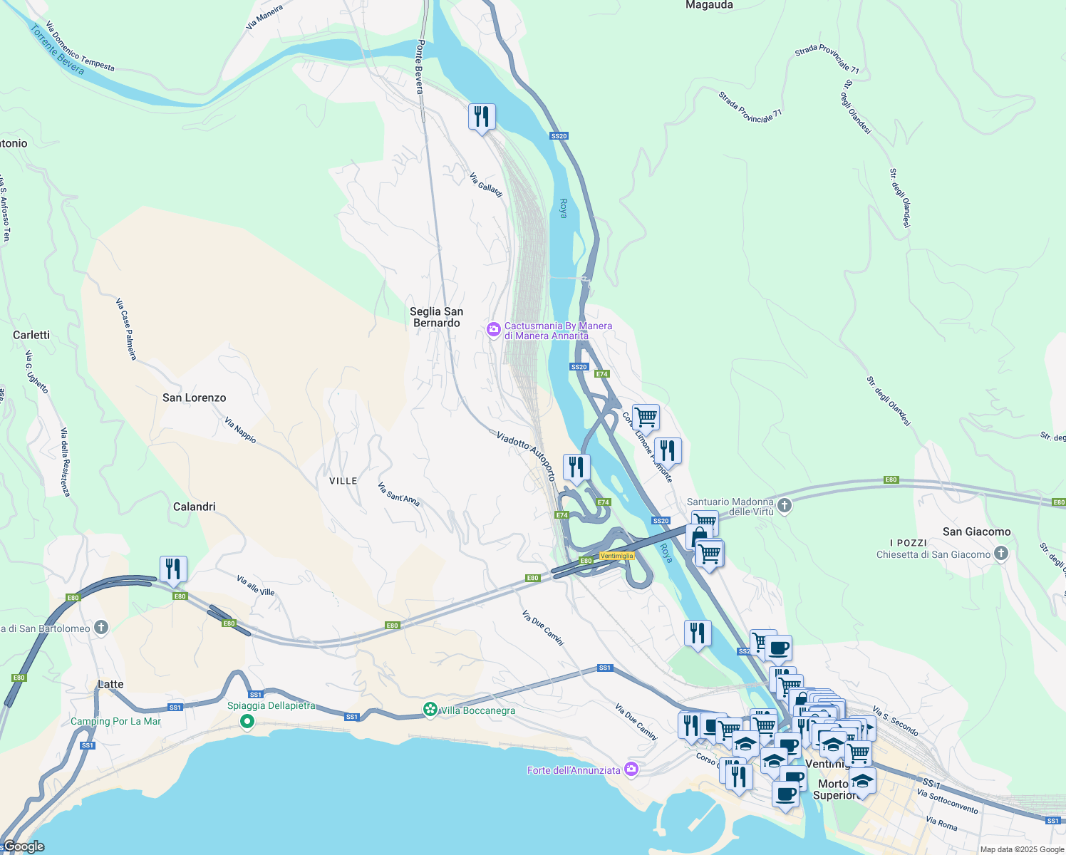 map of restaurants, bars, coffee shops, grocery stores, and more near 116 Via Gallardi in Ventimiglia