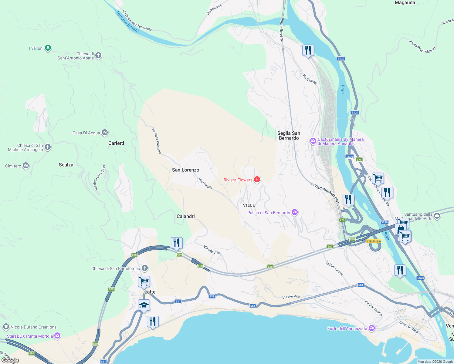 map of restaurants, bars, coffee shops, grocery stores, and more near 18 Via Nappio in Provincia di Imperia