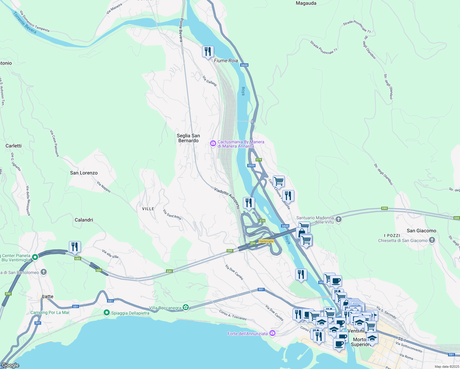 map of restaurants, bars, coffee shops, grocery stores, and more near 116 Via Gallardi in Ventimiglia