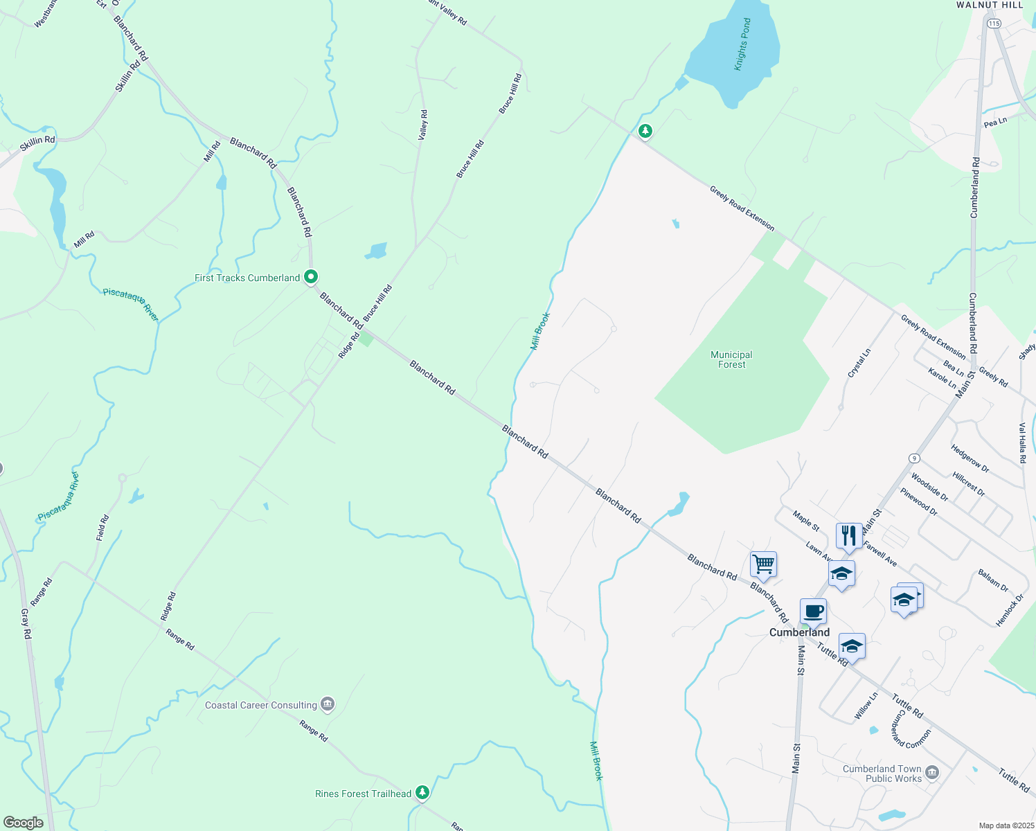 map of restaurants, bars, coffee shops, grocery stores, and more near 111 Blanchard Rd in Cumberland