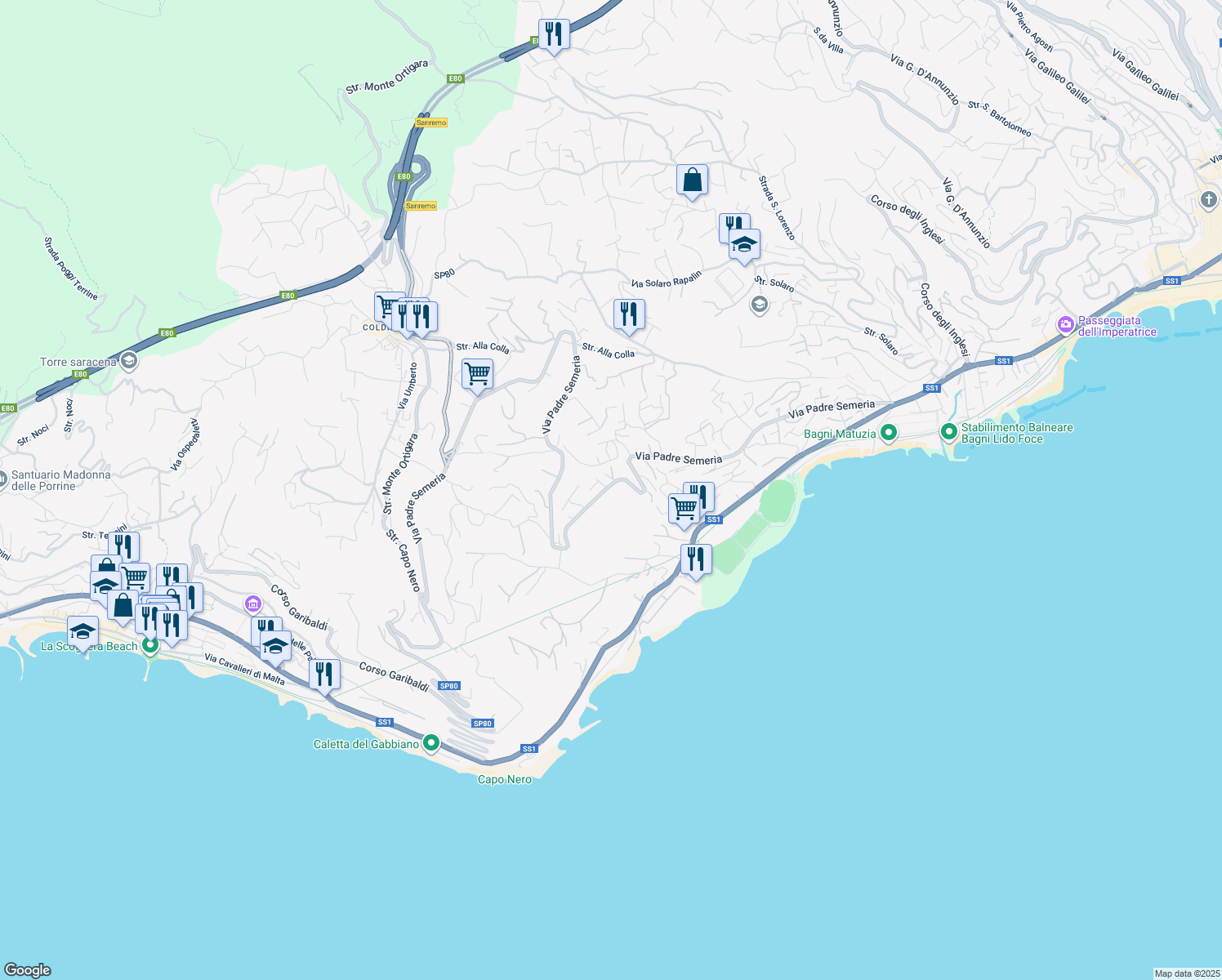 map of restaurants, bars, coffee shops, grocery stores, and more near 165 Via Padre Semeria in Sanremo