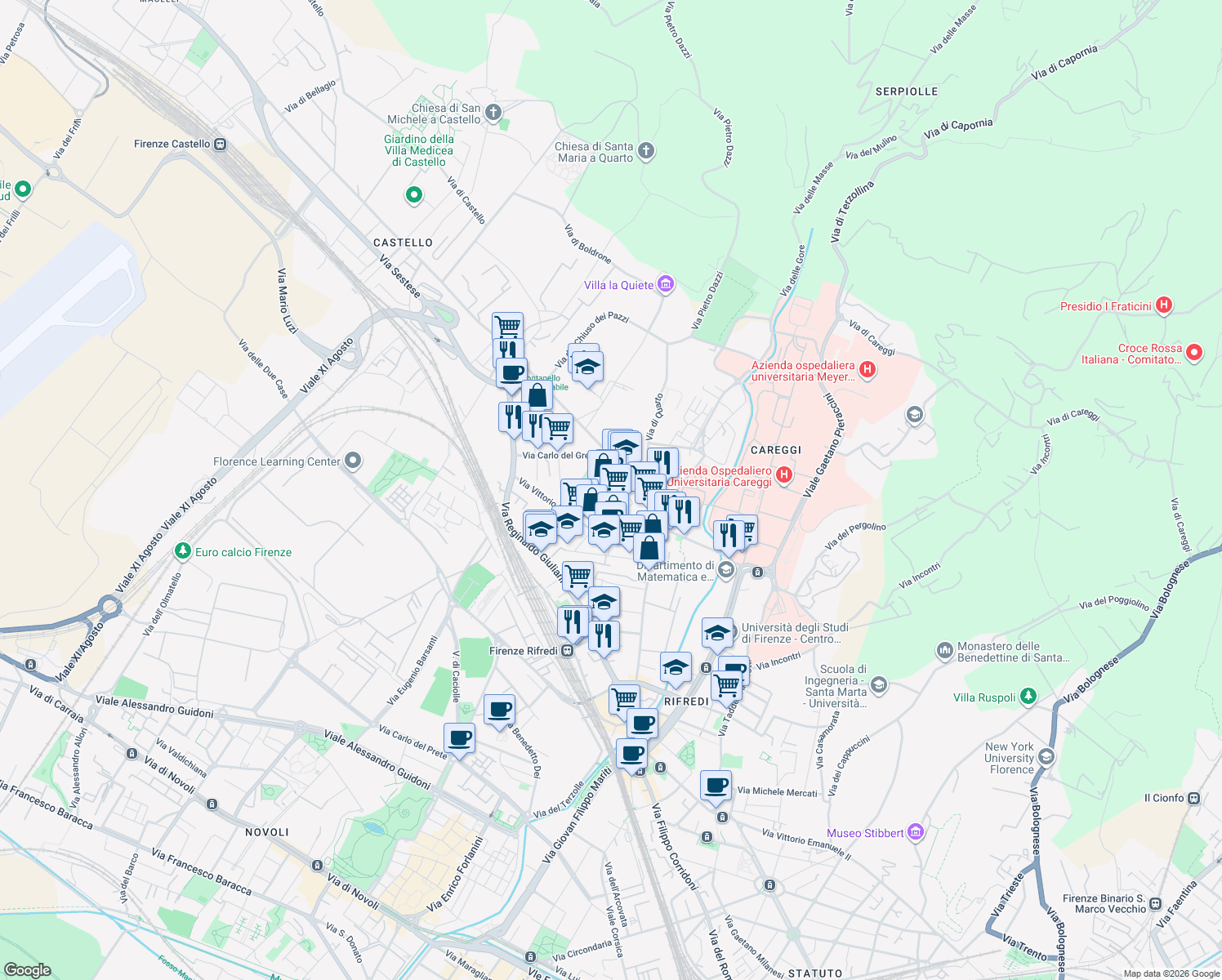 map of restaurants, bars, coffee shops, grocery stores, and more near 93 Via Enrico Guido Bocci in Firenze