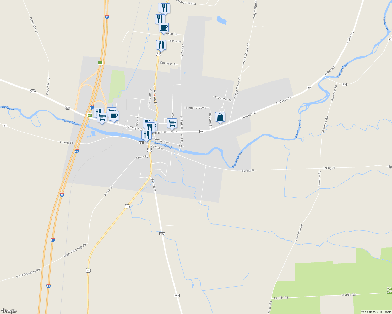 map of restaurants, bars, coffee shops, grocery stores, and more near 66 Spring St in Adams