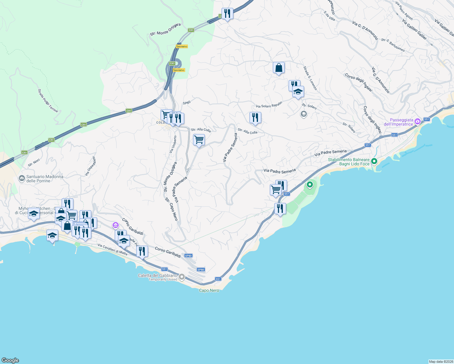 map of restaurants, bars, coffee shops, grocery stores, and more near 245 Via Padre Semeria in Sanremo