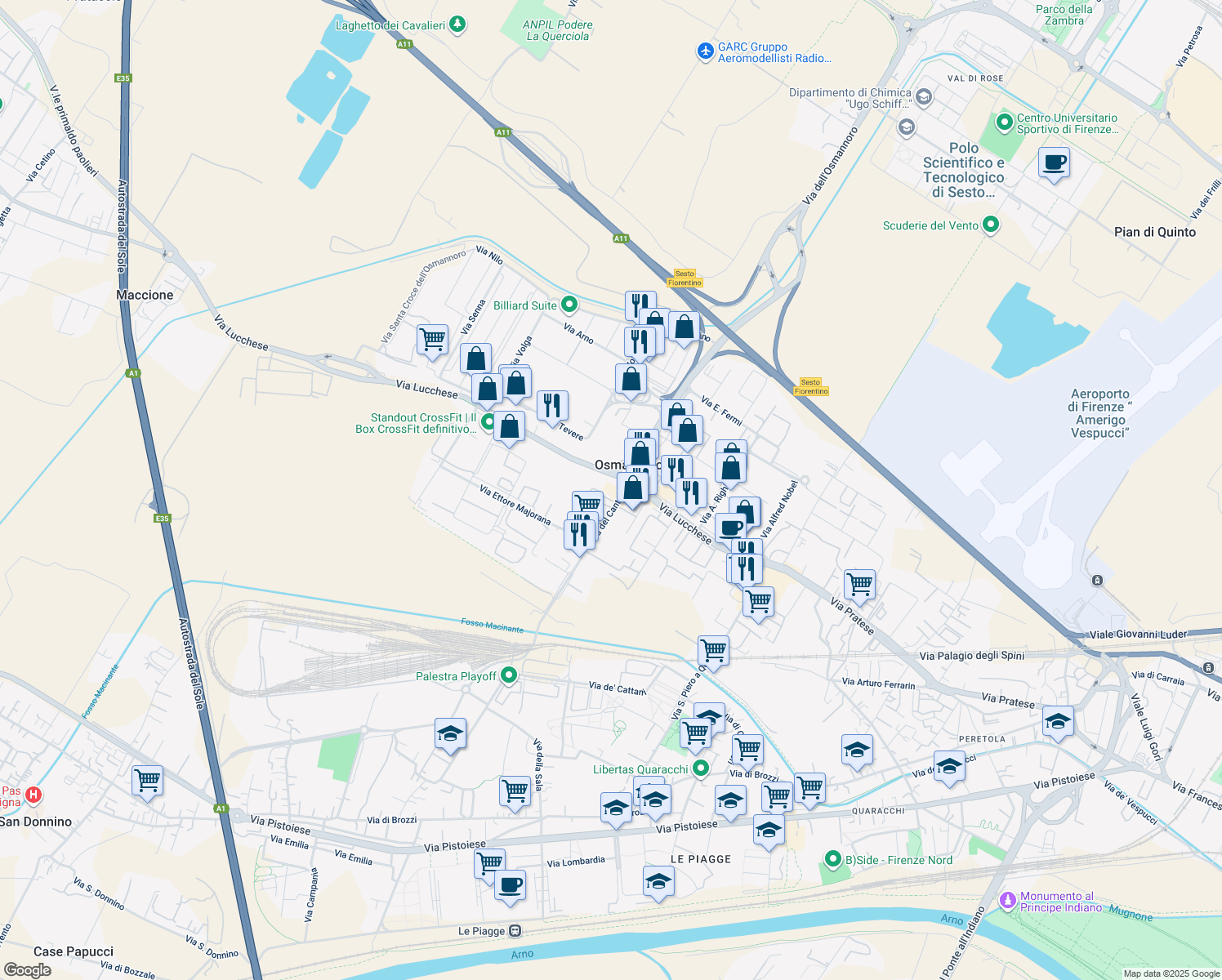 map of restaurants, bars, coffee shops, grocery stores, and more near 42 Via del Cantone in Osmannoro