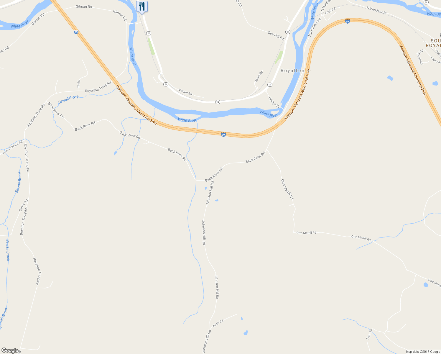 map of restaurants, bars, coffee shops, grocery stores, and more near 1499 Back River Road in Royalton