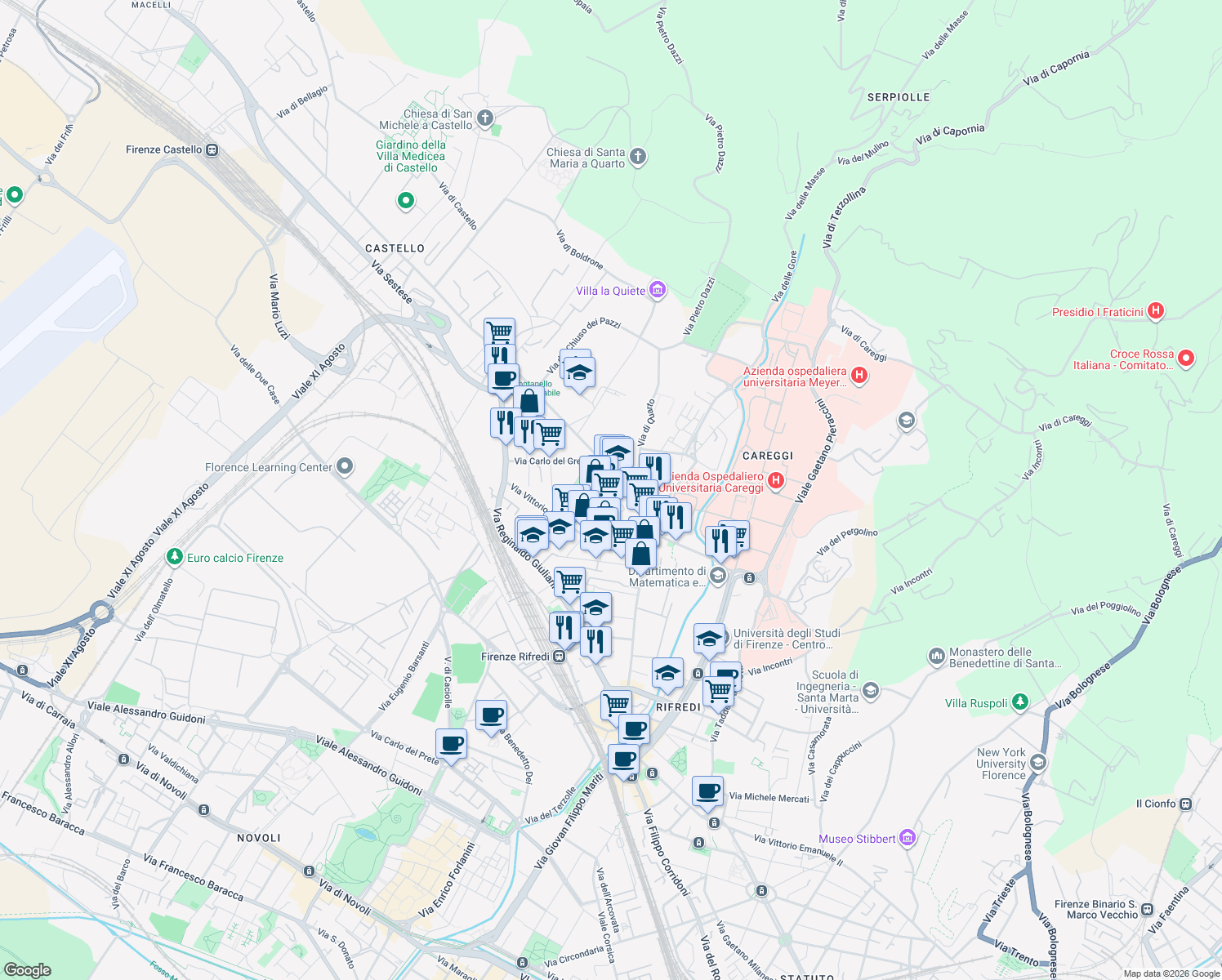 map of restaurants, bars, coffee shops, grocery stores, and more near 93 Via Enrico Guido Bocci in Firenze
