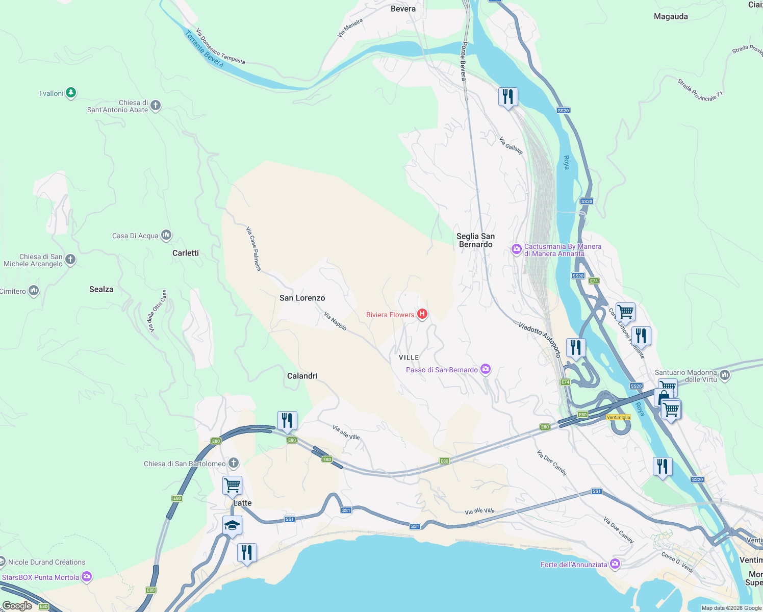 map of restaurants, bars, coffee shops, grocery stores, and more near 18 Via Nappio in Provincia di Imperia