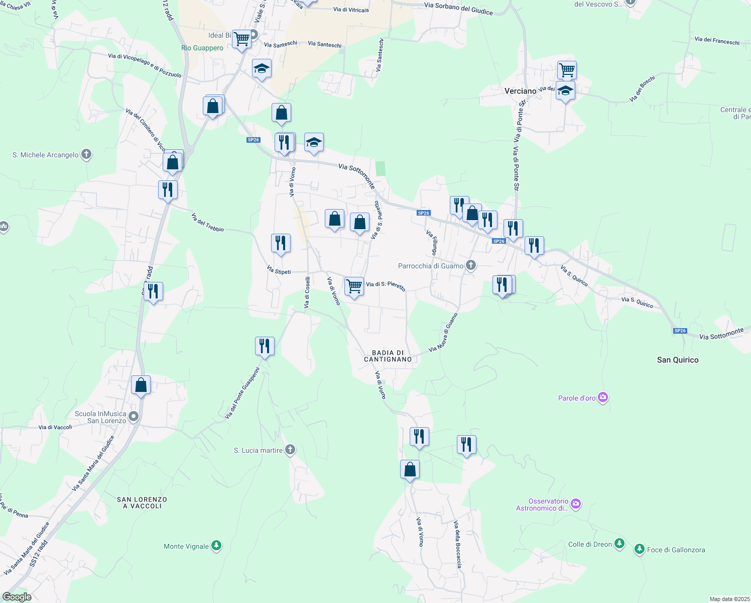 map of restaurants, bars, coffee shops, grocery stores, and more near 32 Via di San Pieretto in Capannori