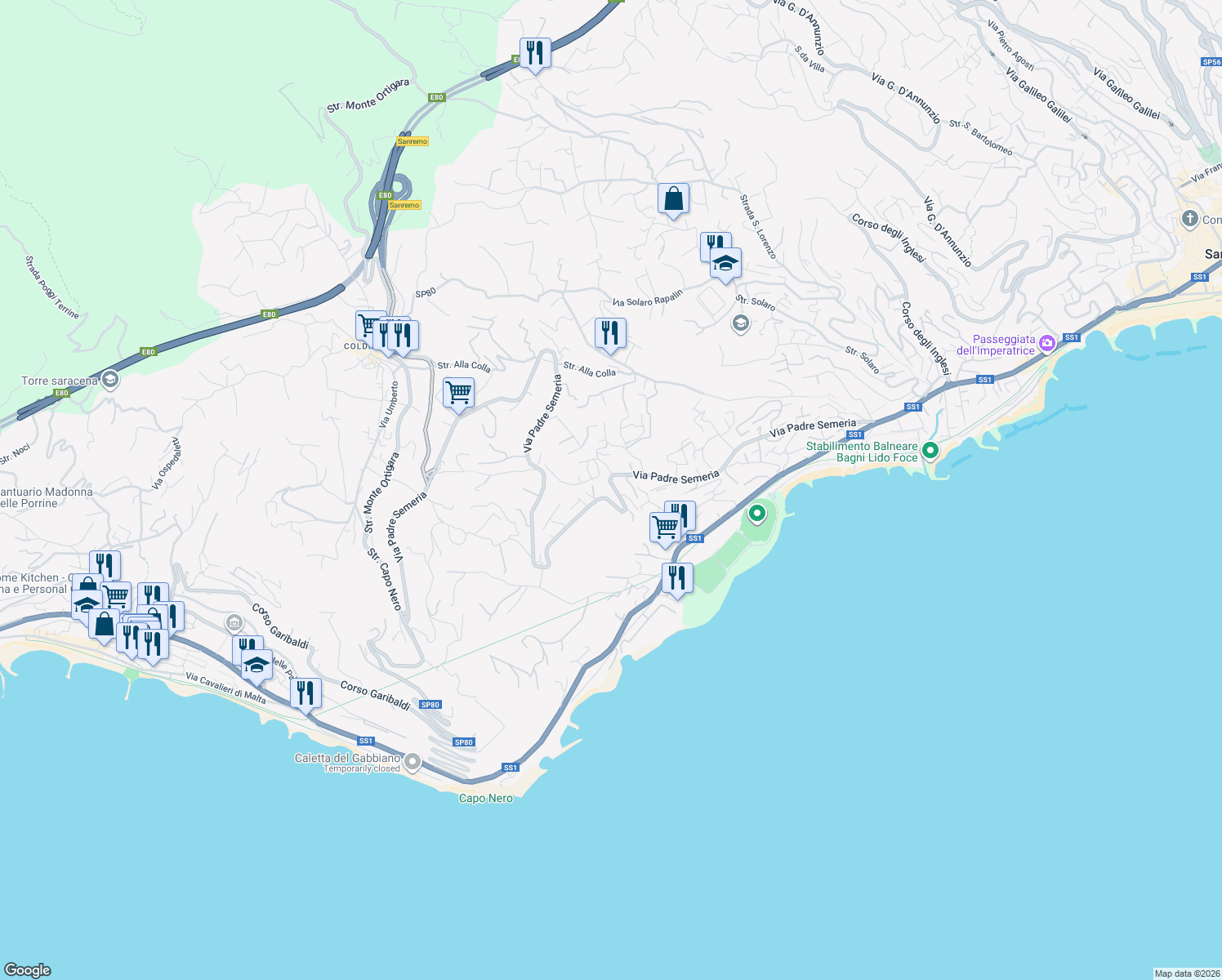 map of restaurants, bars, coffee shops, grocery stores, and more near 398 Via Padre Semeria in Sanremo
