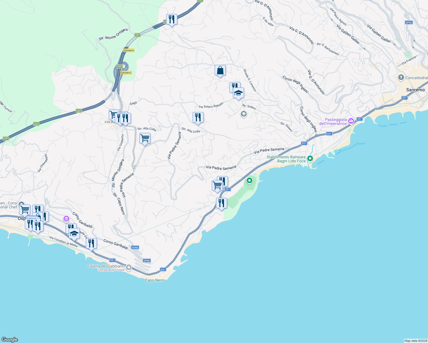 map of restaurants, bars, coffee shops, grocery stores, and more near 139 Via Padre Semeria in Sanremo
