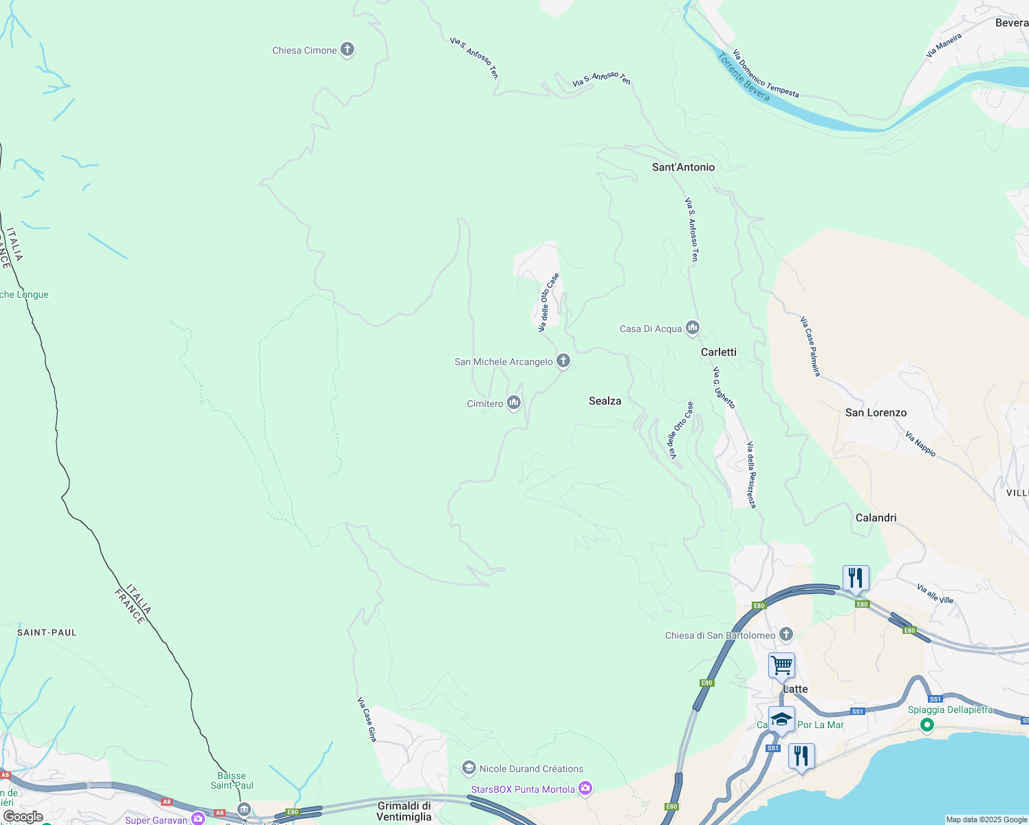 map of restaurants, bars, coffee shops, grocery stores, and more near 224 Via delle Otto Case in Provincia di Imperia