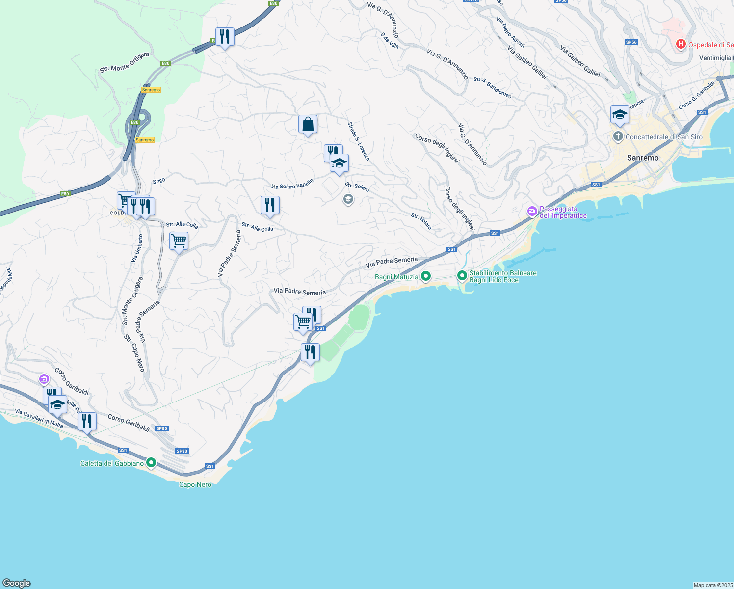map of restaurants, bars, coffee shops, grocery stores, and more near 62 Corso Guglielmo Marconi in Sanremo