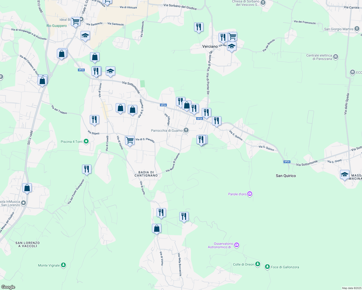 map of restaurants, bars, coffee shops, grocery stores, and more near 9 Via Nuova di Guamo in Capannori