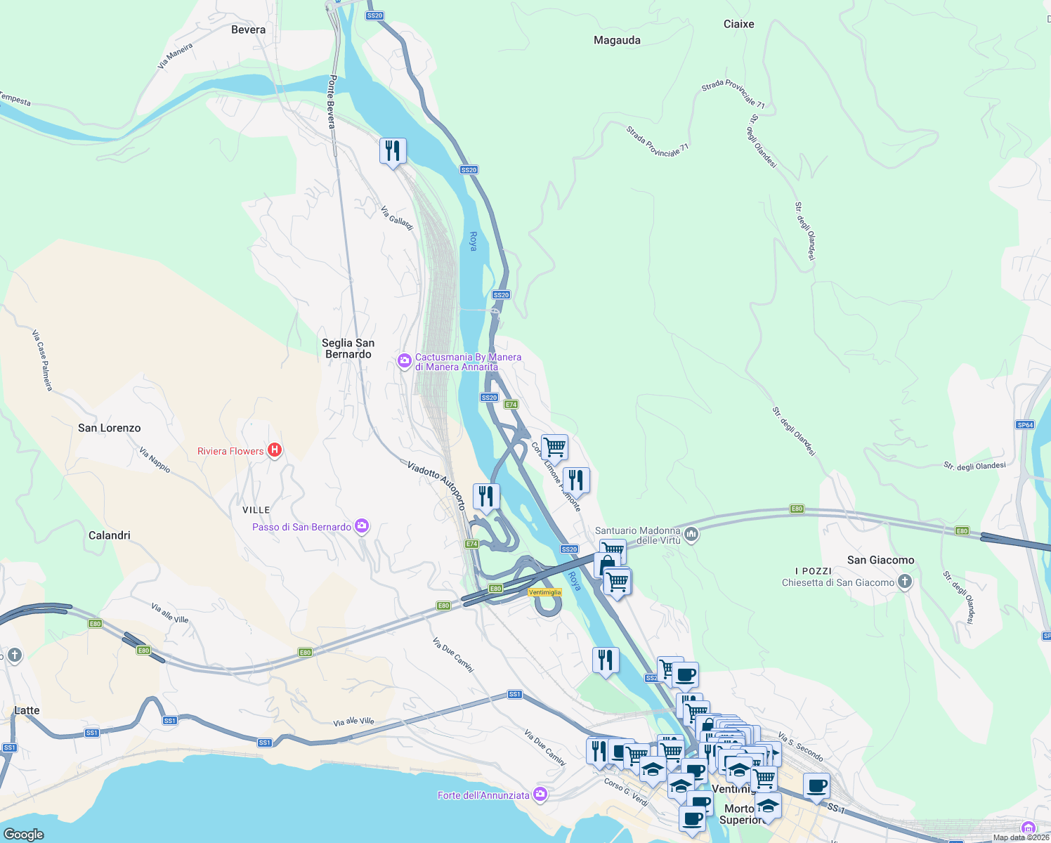 map of restaurants, bars, coffee shops, grocery stores, and more near 144 Corso Limone Piemonte in Ventimiglia