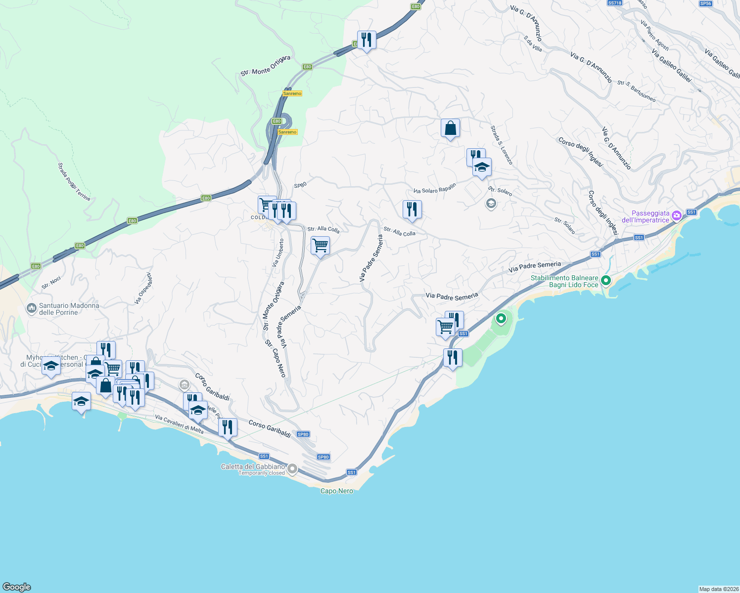 map of restaurants, bars, coffee shops, grocery stores, and more near 542\a Via Padre Semeria in Sanremo